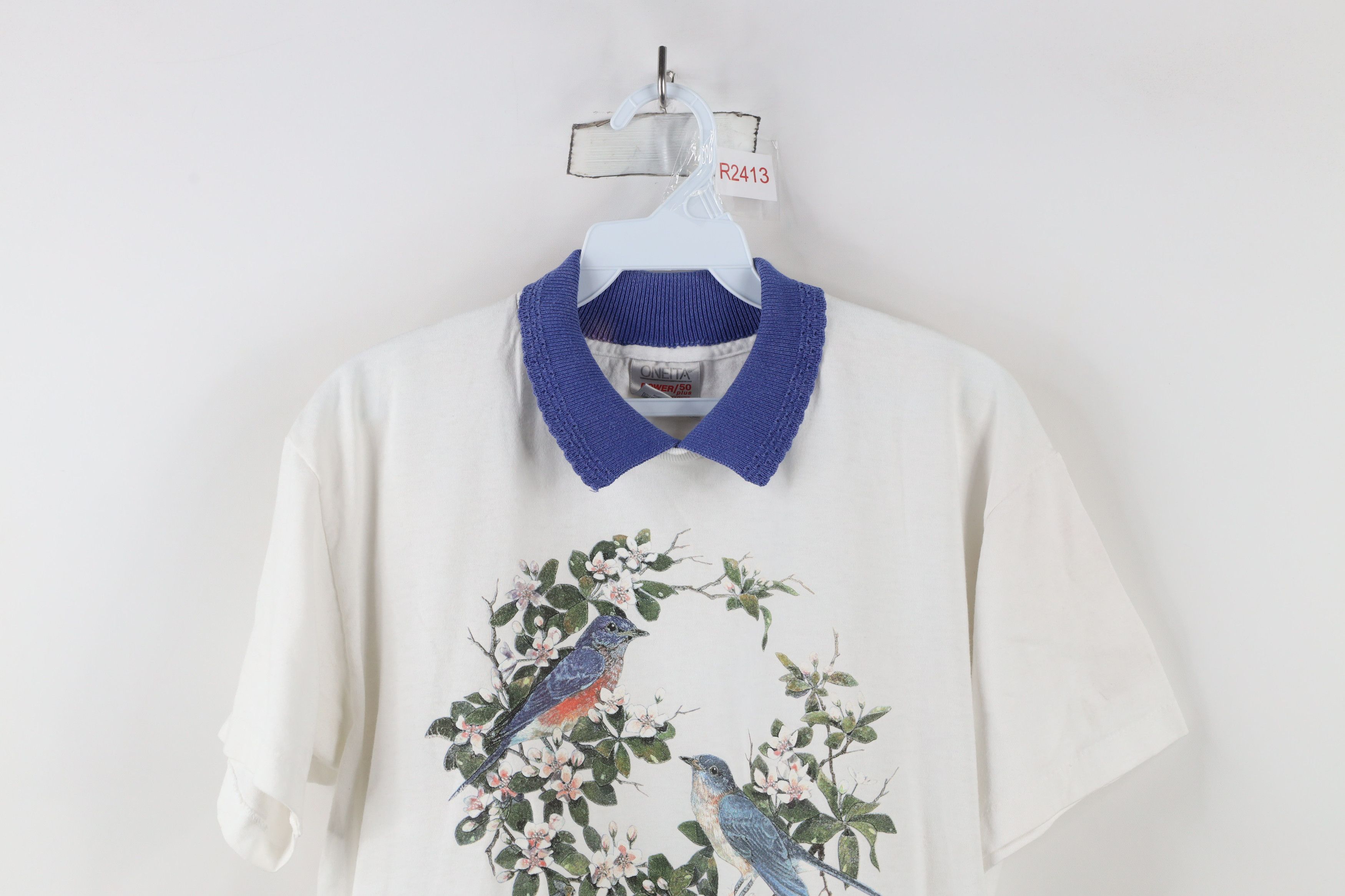 Vintage Vintage 90s Streetwear Bird Flower Collared T-Shirt White Size M / US 6-8 / IT 42-44 - 2 Thumbnail