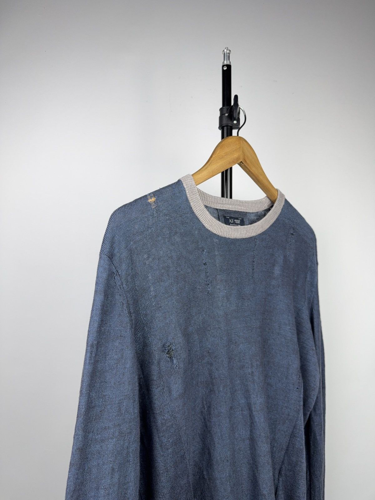 Armani Luxury 00s Armani Jeans Distressed Knit Sweater Faded Blue Size US M / EU 48-50 / 2 - 7 Thumbnail