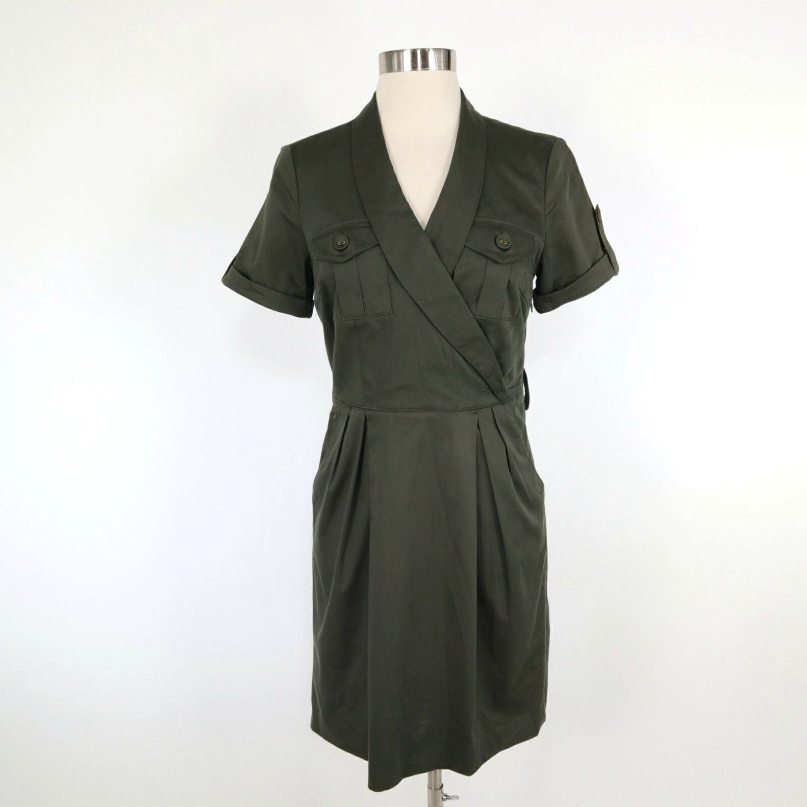 image of Vintage Adam Shirt Dress Womens 2 Olive Green Faux Wrap Pleated Pockets Collared Stretch in White (