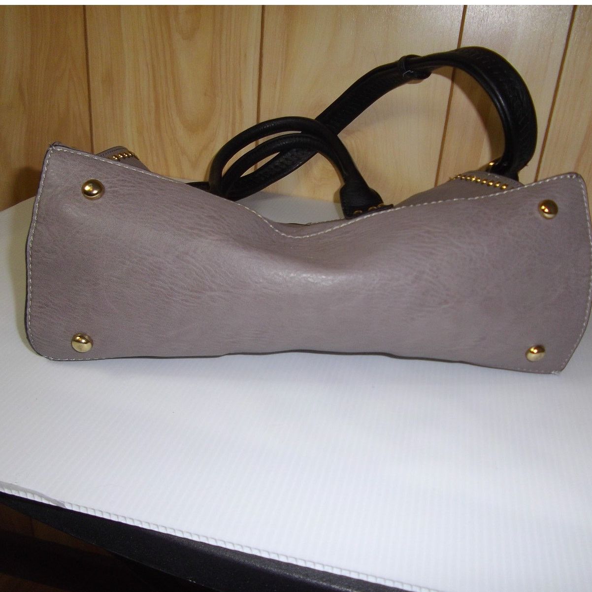 Other Taupe & Black Studded Accent Faux Leather Handbag Size ONE SIZE - 3 Thumbnail