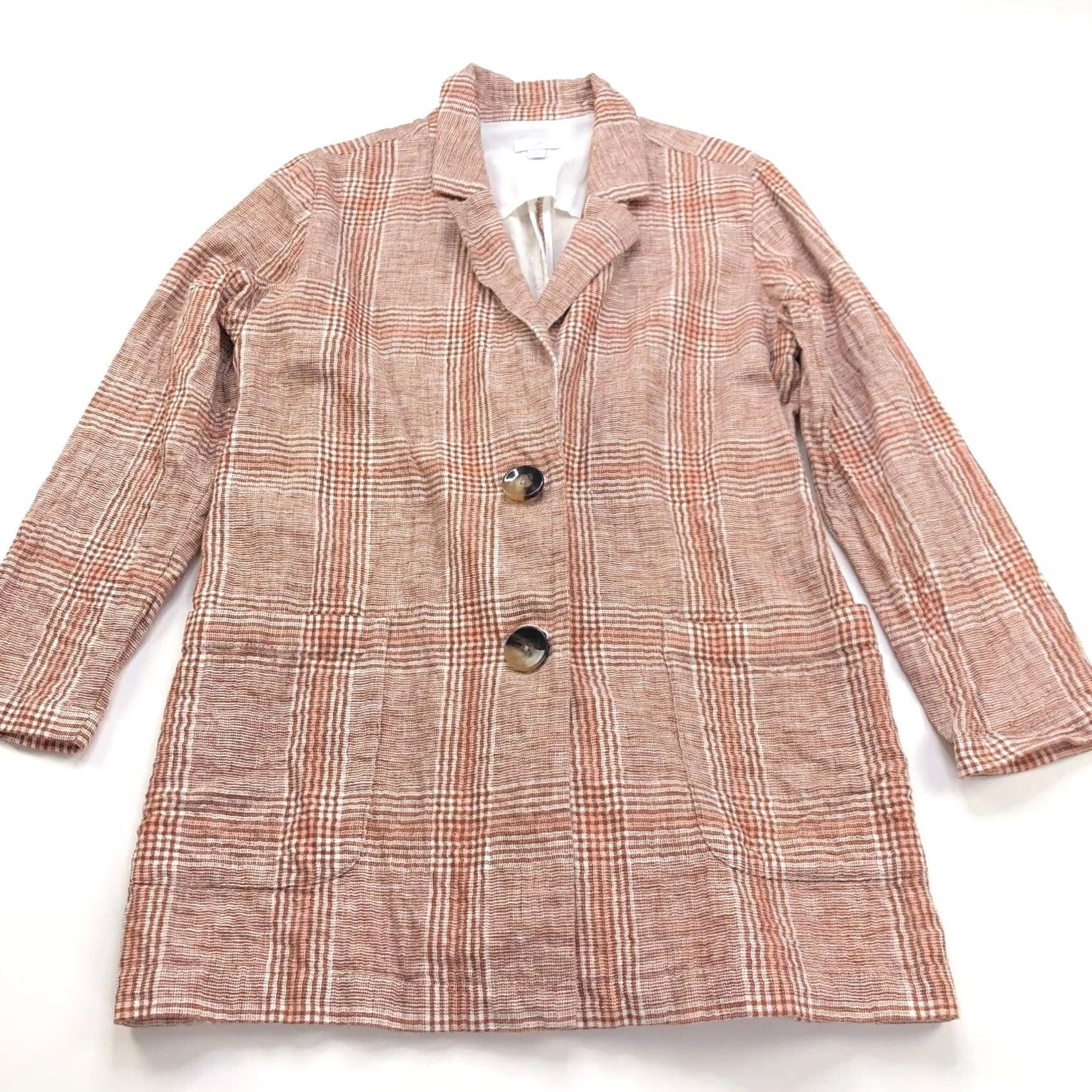 J. Jill J.Jill Blazer Jacket Orange Size M Petite Oversized Linen Cotton Blend Button Closure Collared Knit Pattern Plaid Women Slim/Relaxed Fit (Jacket) Size M / US 6-8 / IT 42-44 - 2 Thumbnail