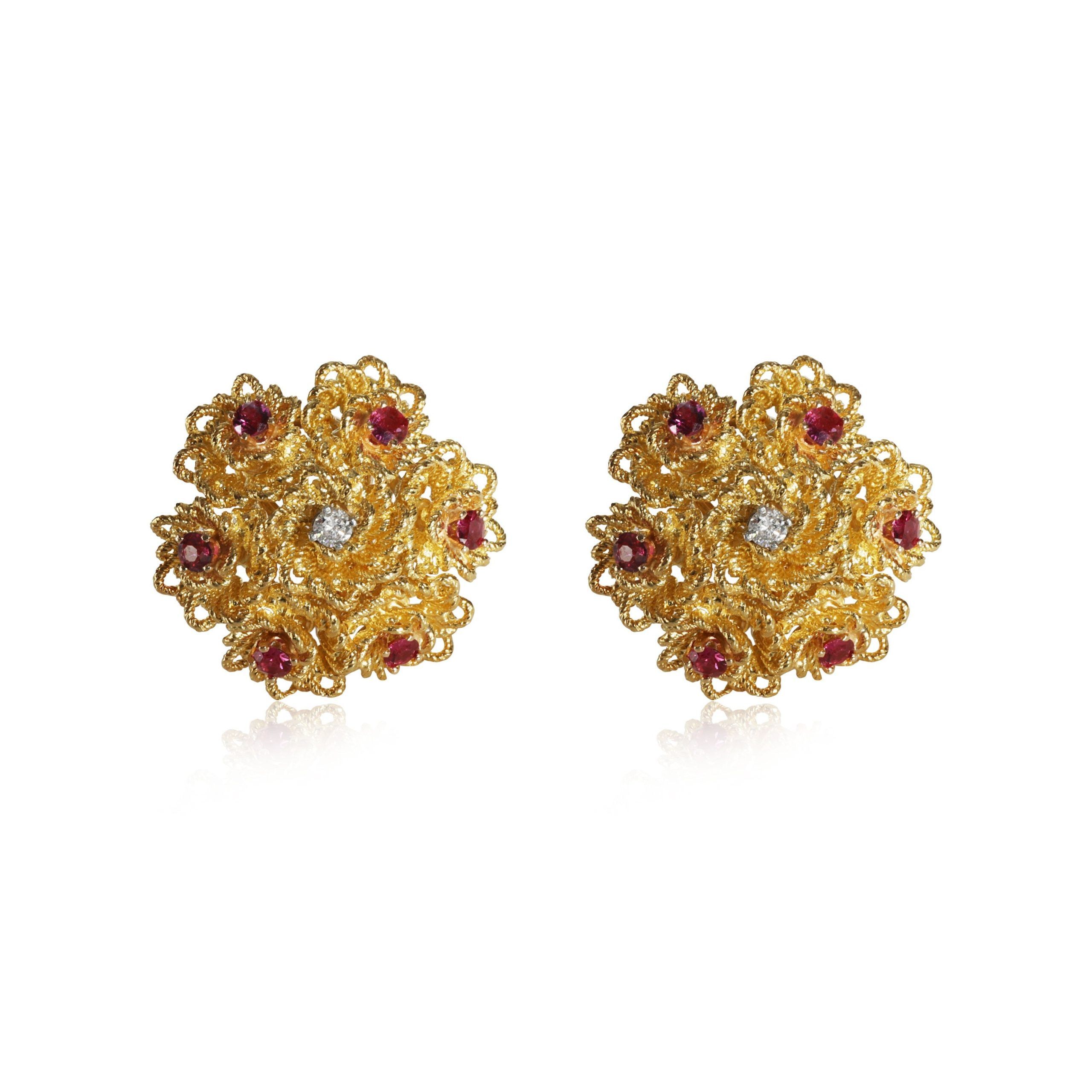 image of Tiffany Co Tiffany & Co. Vintage Ruby & Diamond Flower Earrings In 18K Yellow Gold 0.10 Ctw, Women'