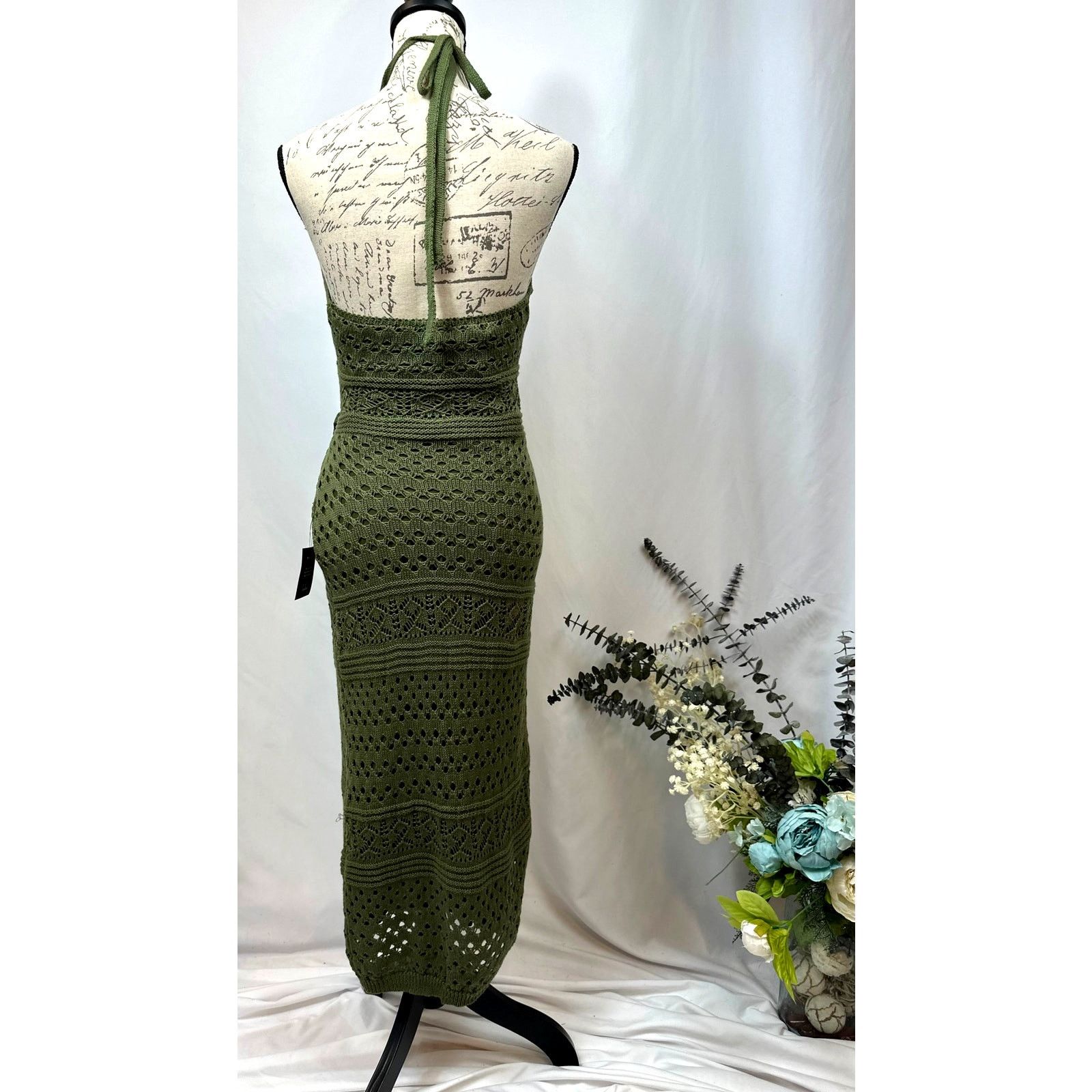 Other Lulu's Blissful Strolls Crochet Wrap Halter Midi Olive L Size L / US 10 / IT 46 - 14 Thumbnail
