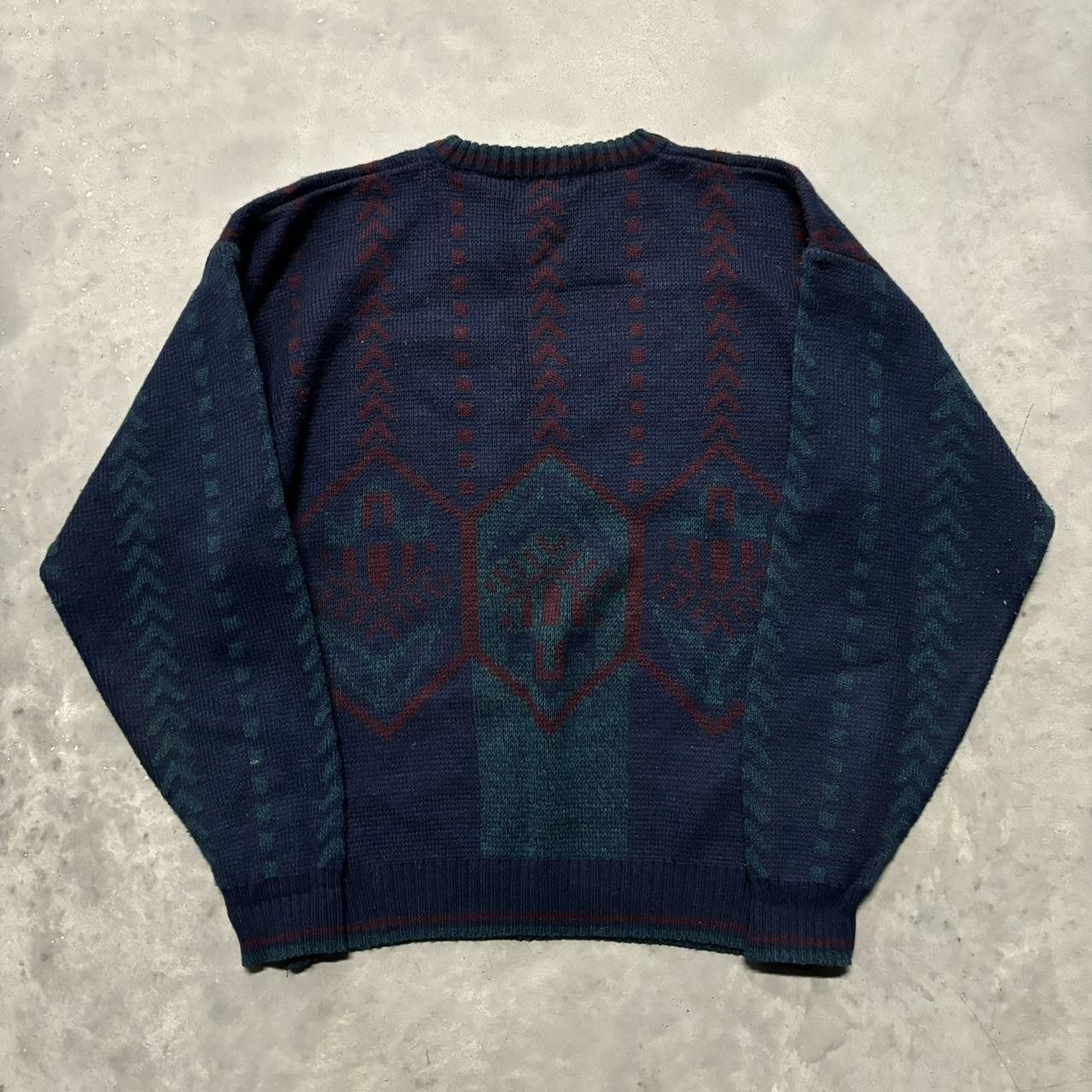 Japanese Brand × Vintage Crazy Vintage 90s Navy Blue Pattern 100% Acrylic Knit Sweater! Size US L / EU 52-54 / 3 - 3 Thumbnail