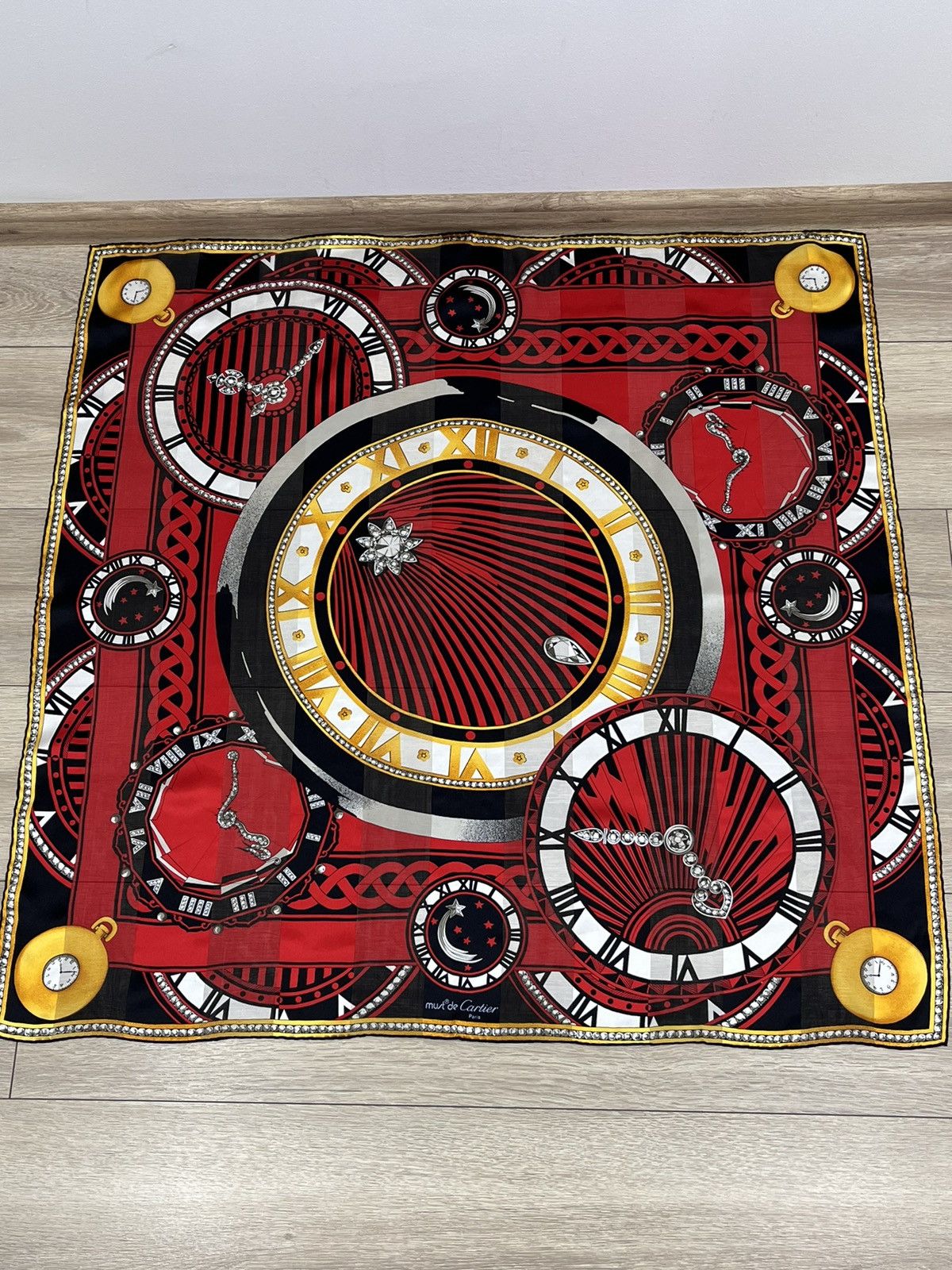 Cartier Cartier Made In France Red Silk Scarf 85x85 Cm Clock Print Size ONE SIZE - 3 Thumbnail
