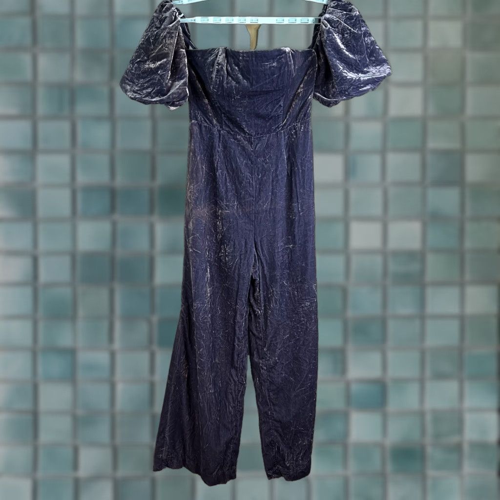 Anthropologie Anthropologie The Femme Velvet Jumpsuit Women Size 2 Blue Halter Sleeveless Wide-Leg Floral Belted Zip - Womens Size 26" / US 2 / IT 38 - 1 Thumbnail