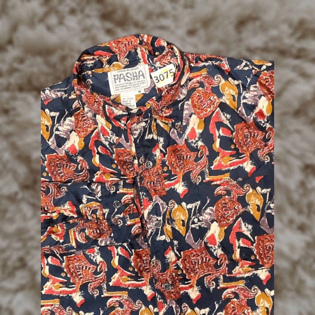 VINTAGE Pacha Silk Shirt Multicolor Geometric Print Long Sleeve Button-Up Collared 90s Ibiza Rock N Roll Ku Club Space Men M Multicolor