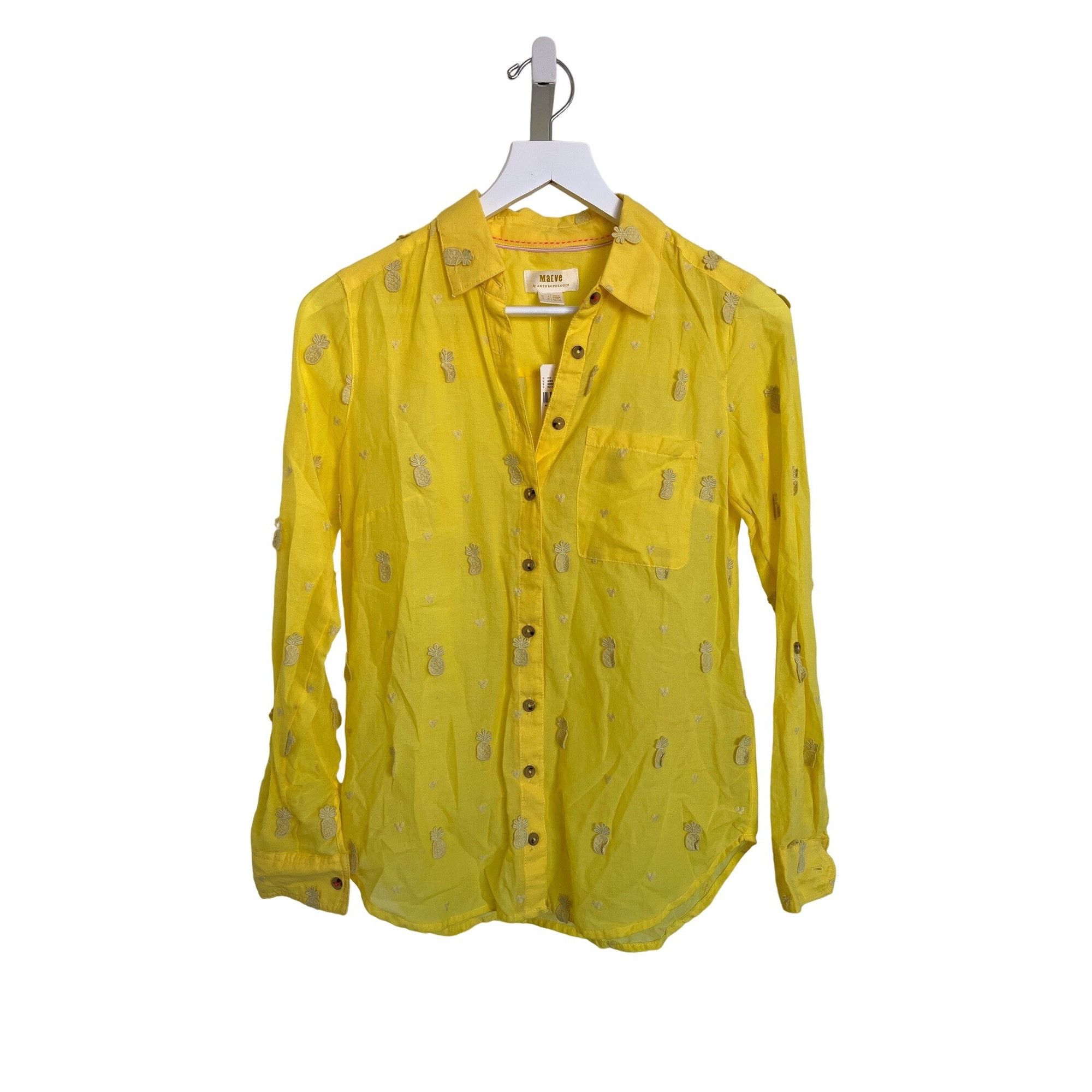 Anthropologie Maeve Yellow Whimsical Pineapple Embroidery Button-Down Shir Size XS / US 0-2 / IT 36-38 - 4 Thumbnail