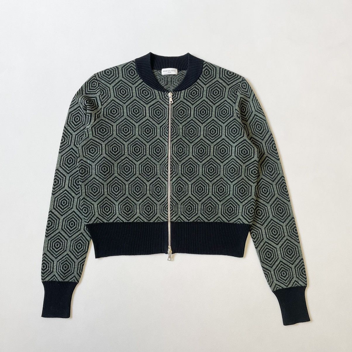 Dries Van Noten Metallic Green Geometric Patterned Zip Cardigan Size S / US 4 / IT 40 - 1 Thumbnail
