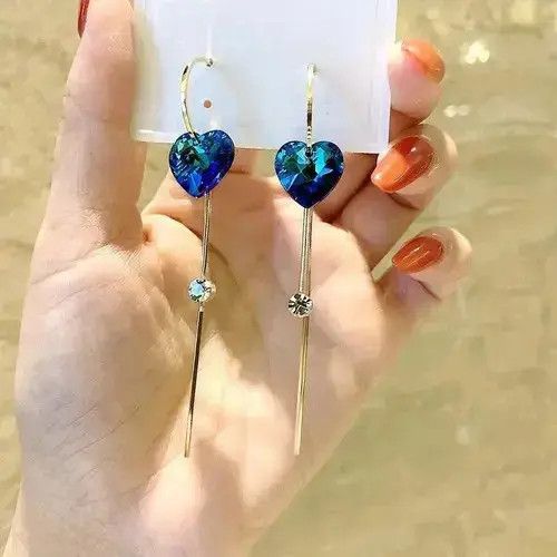 Japanese Brand Women's Blue Crystal Love Heart Tassel Dangle Drop Earrings Size ONE SIZE - 3 Thumbnail