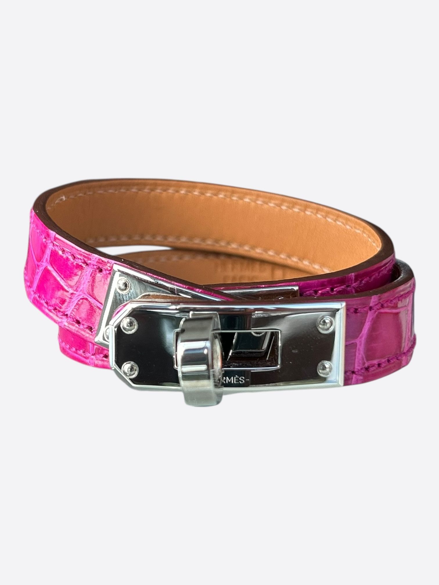 Hermes Pink Crocodile Palladium Hardware Kelly Double Tour Bracelet Size ONE SIZE - 1 Thumbnail