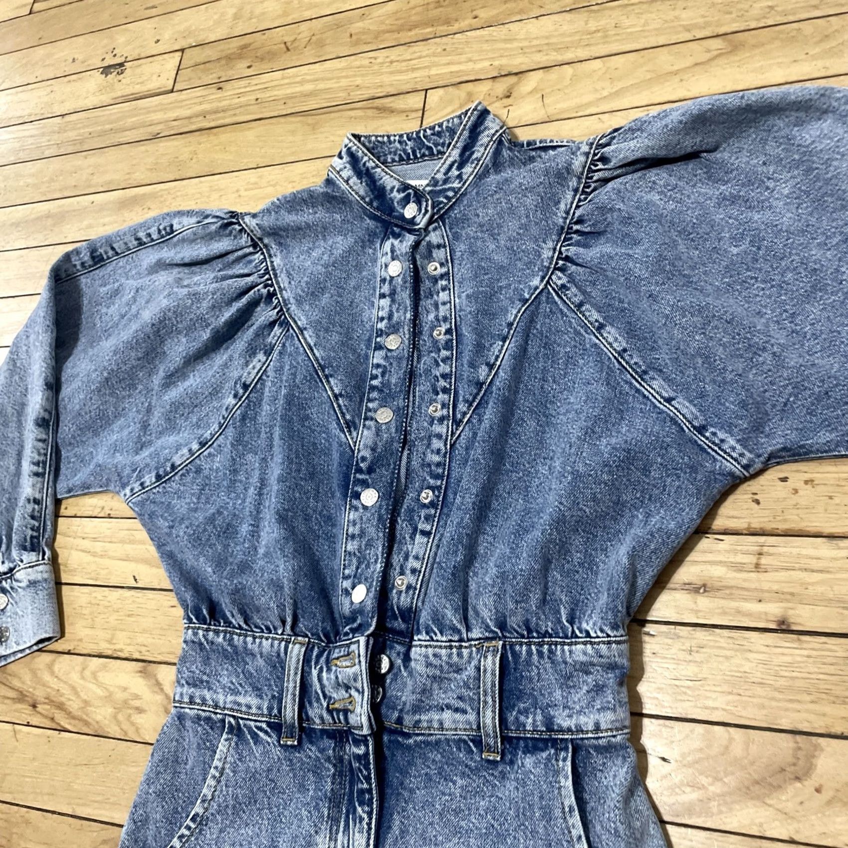 Mango VINTAGE Mango MNG Denim Romper Women 2 Blue Jean One Piece Jumpsuit Puff Sleeves Shirt Women Squares Size 26" / US 2 / IT 38 - 4 Thumbnail