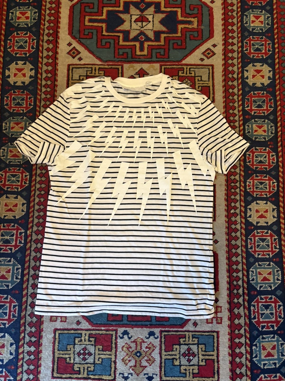 Neil Barrett Black and White Striped Shirt with Lightning Bolts Size US S / EU 44-46 / 1 - 1 Thumbnail