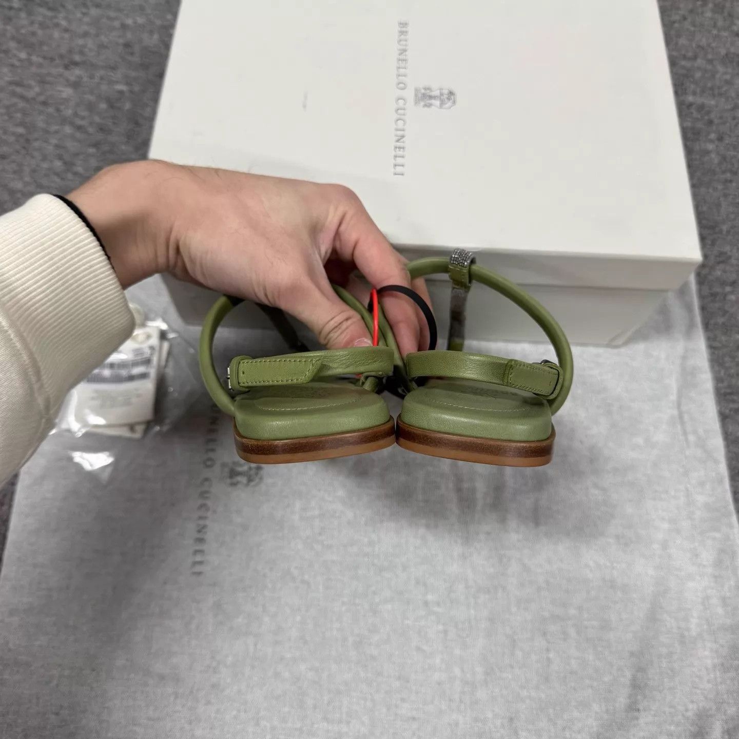 Brunello Cucinelli BC Olive Green Square Toe Monili Crystal Flat Sandal Size US 5 / IT 35 - 4 Thumbnail