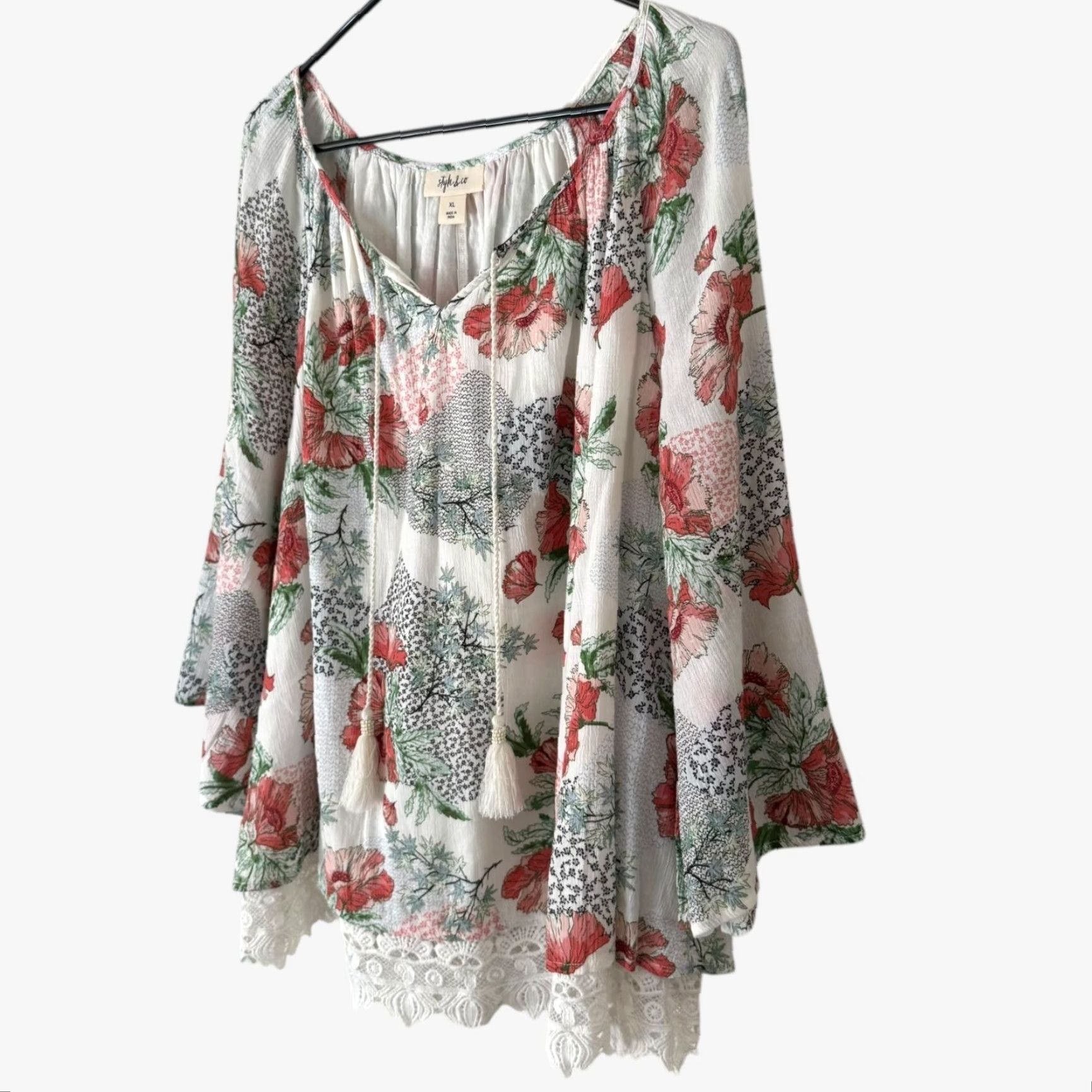 Style & Co VINTAGE Style & Co Floral Peasant Blouse White XL Bell Sleeve Tie-Neck Bohemian Womens Size XL / US 12-14 / IT 48-50 - 2 Thumbnail