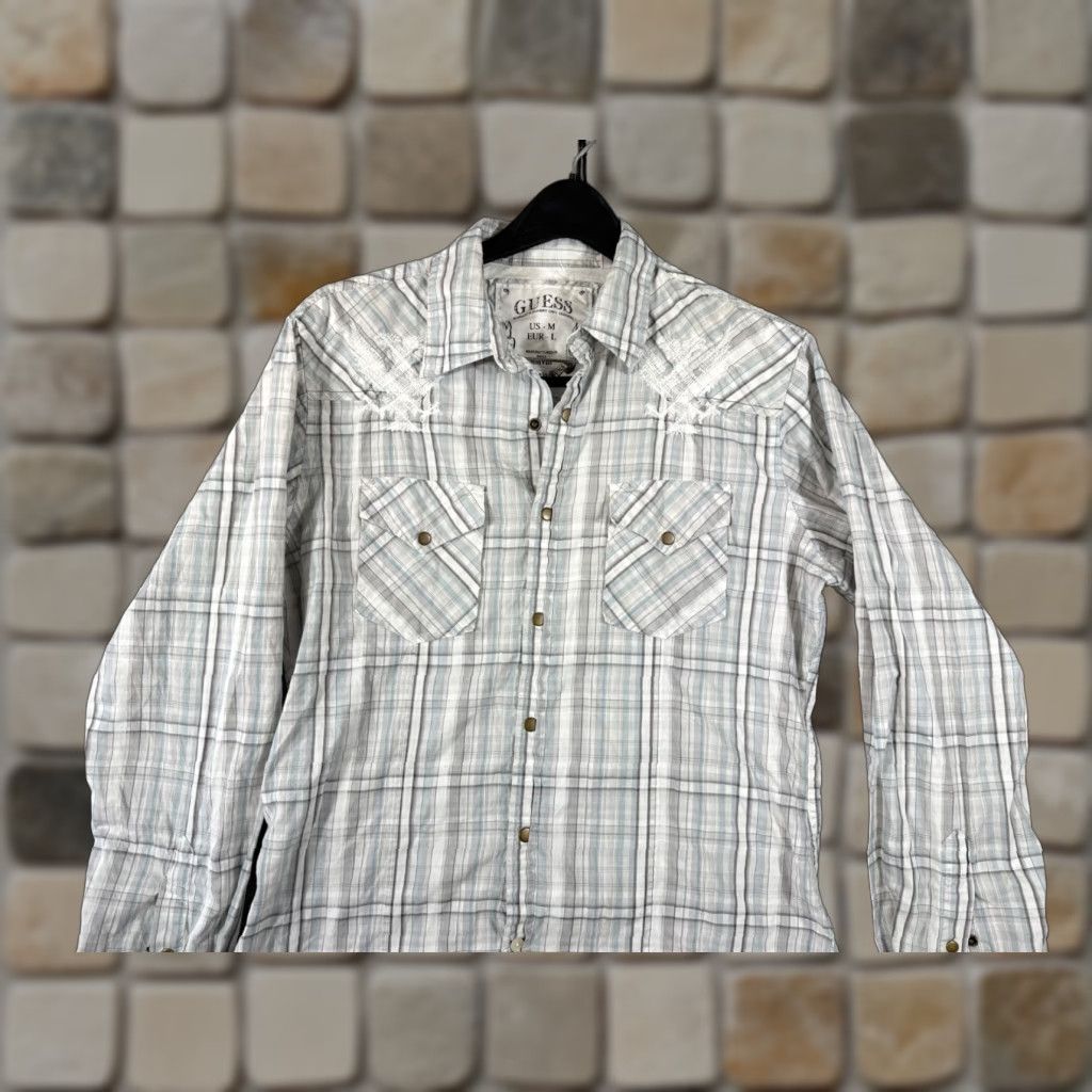 Guess Guess Western Shirt Mens M Gray Plaid Embroidered Snap Front Long Sleeve Cowboy Flap Pockets Size US M / EU 48-50 / 2 - 1 Thumbnail
