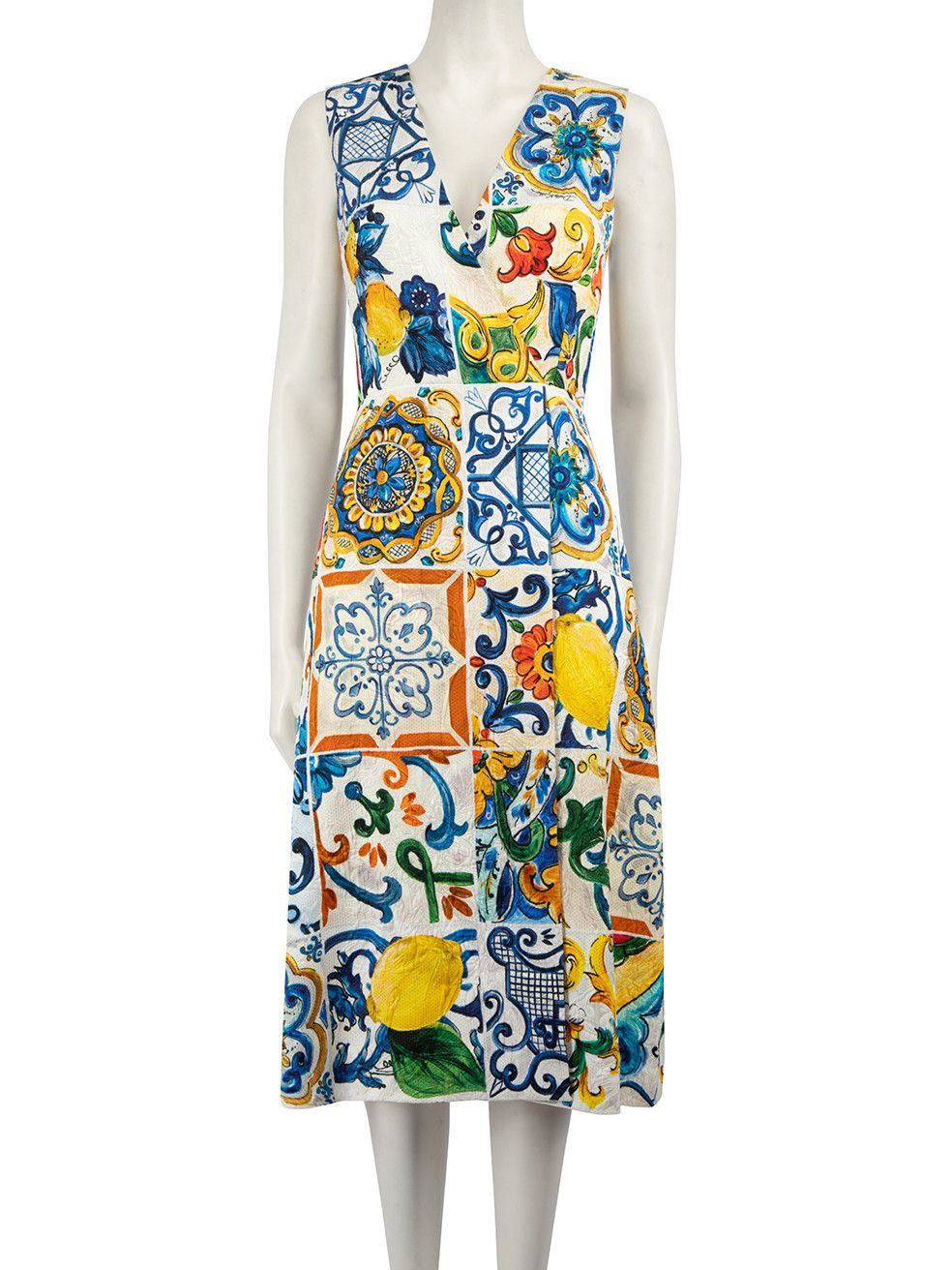 image of Dolce Gabbana Tile Print Sleeveless Midi Dress, Women's (Size Small)