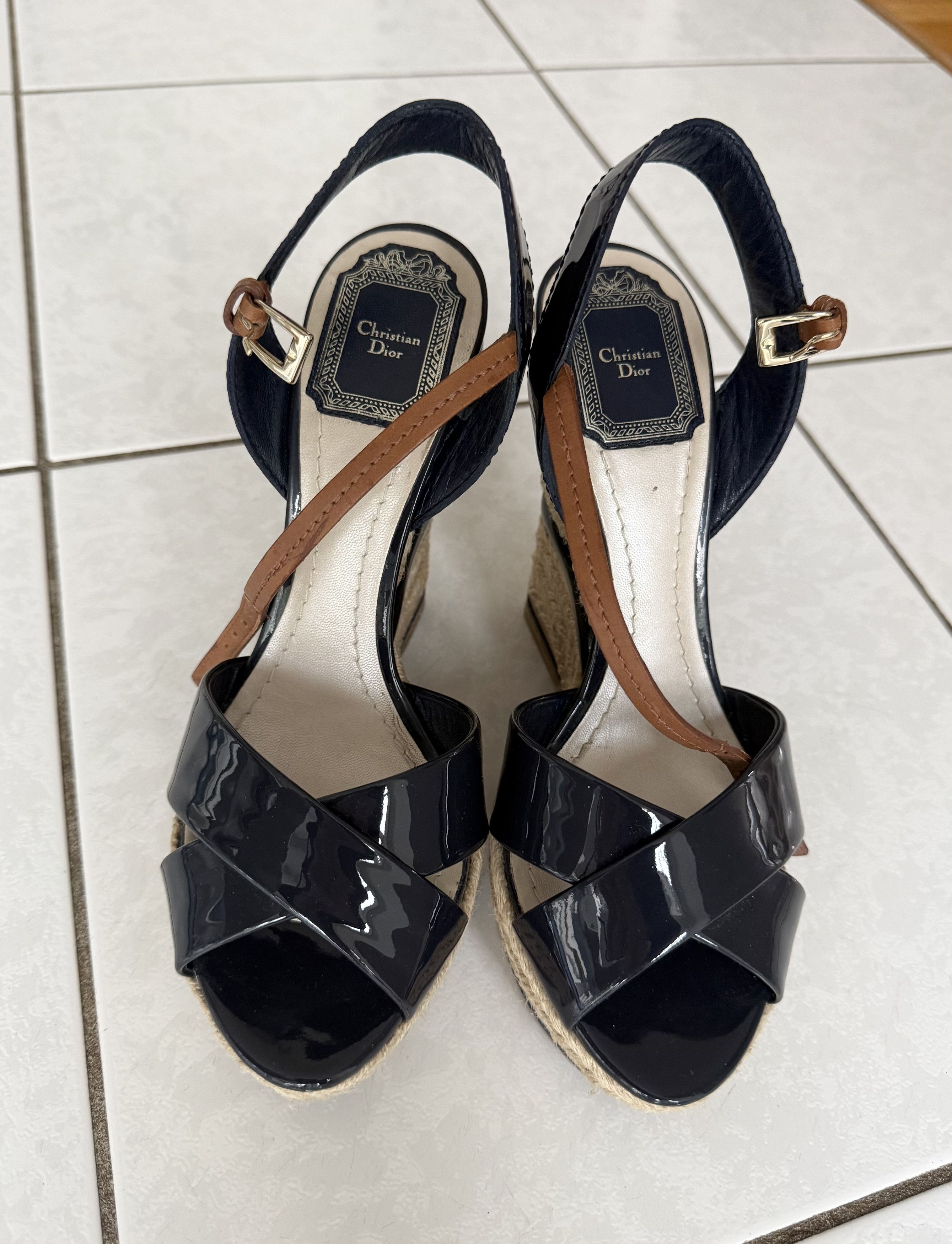 Christian Dior Monsieur Christian Dior Espadrille Wedge Sandals Navy Patent Leather Size US 7 / IT 37 - 9 Thumbnail
