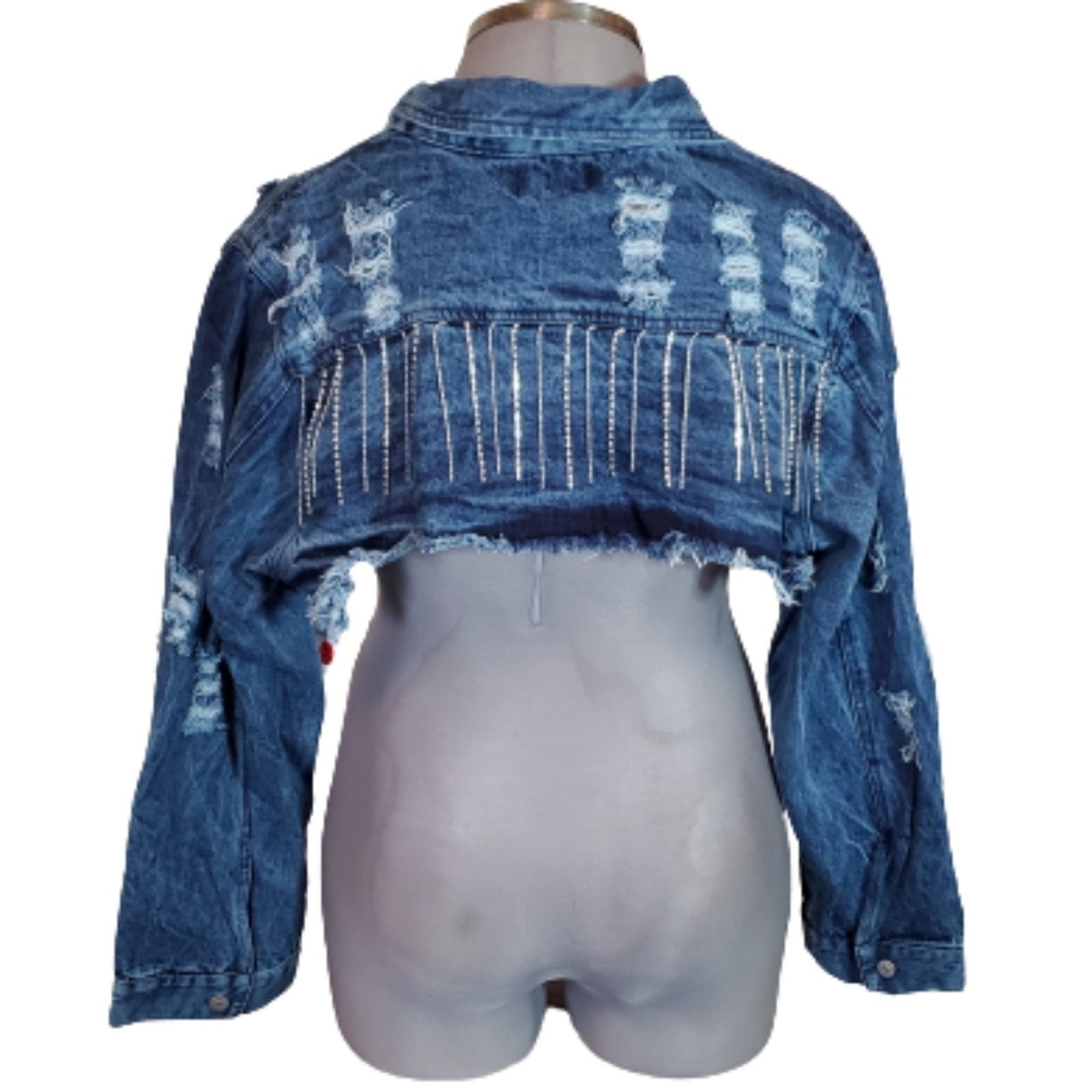 THRILLS DISRESSED ☆ RHINESTONE FRINGE ☆ DENIM SHRUG 2x ☆ NWT Size XXL / US 16-18 / IT 52-54 - 7 Thumbnail