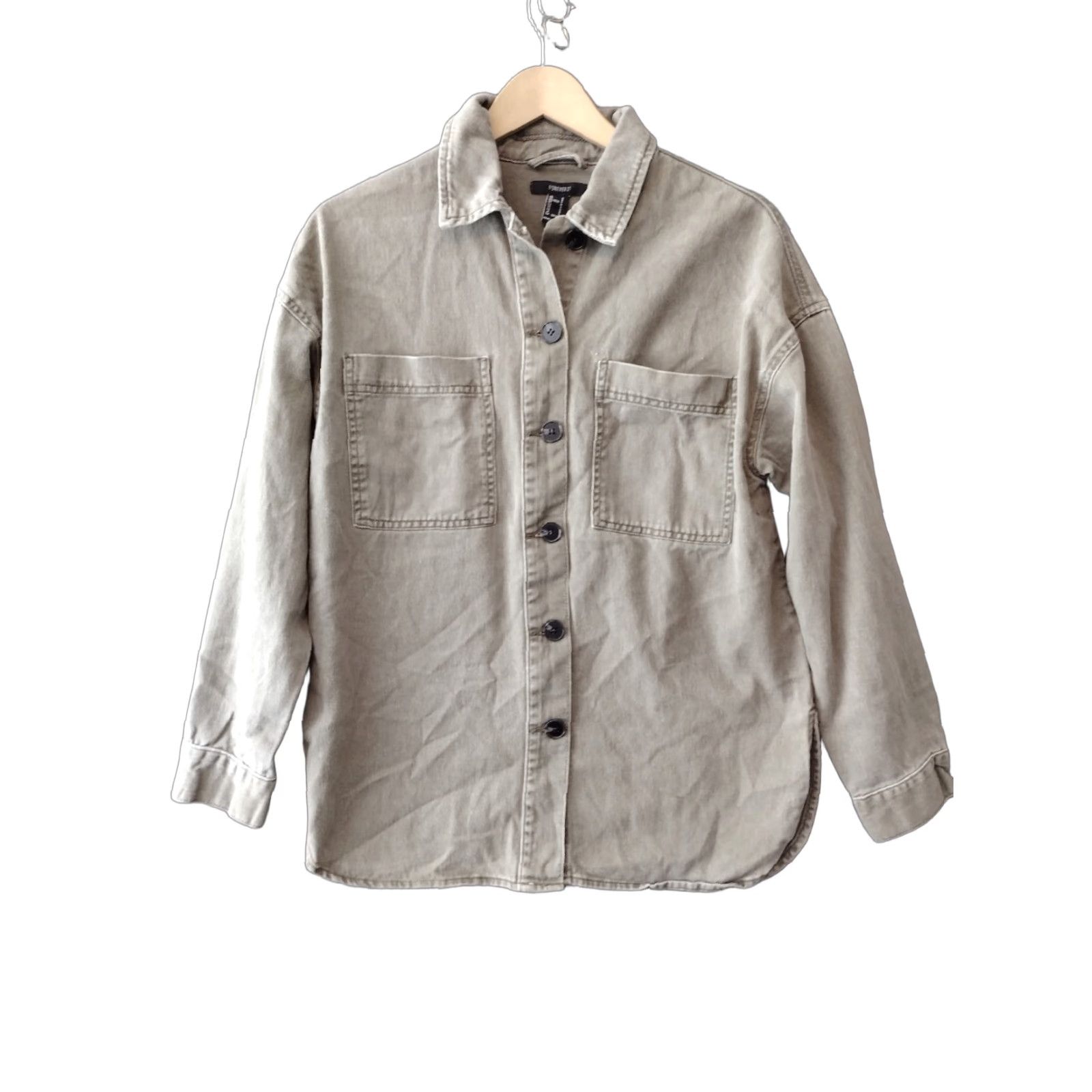 Forever 21 FOREVER 21 Button-Up Women's S Shacket Shirt Oversized Beige Khaki Canvas 100% Cotton Long Sleeve Collared Casual Classic 90s Womens Size S / US 4 / IT 40 - 1 Thumbnail
