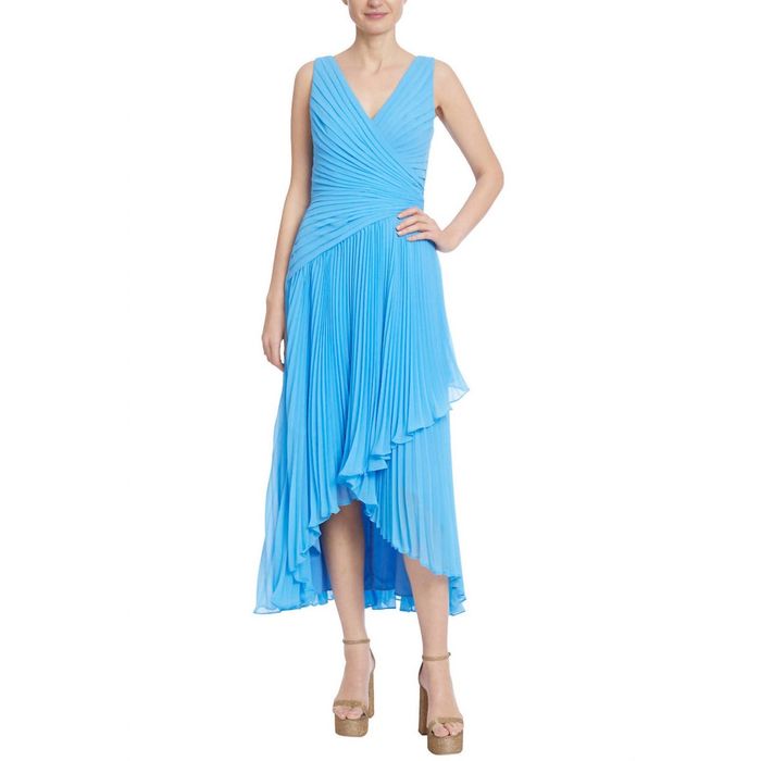 Badgley Mischka BADGLEY MISCHKA Pleated High-Low Midi Dress In Aqua ...