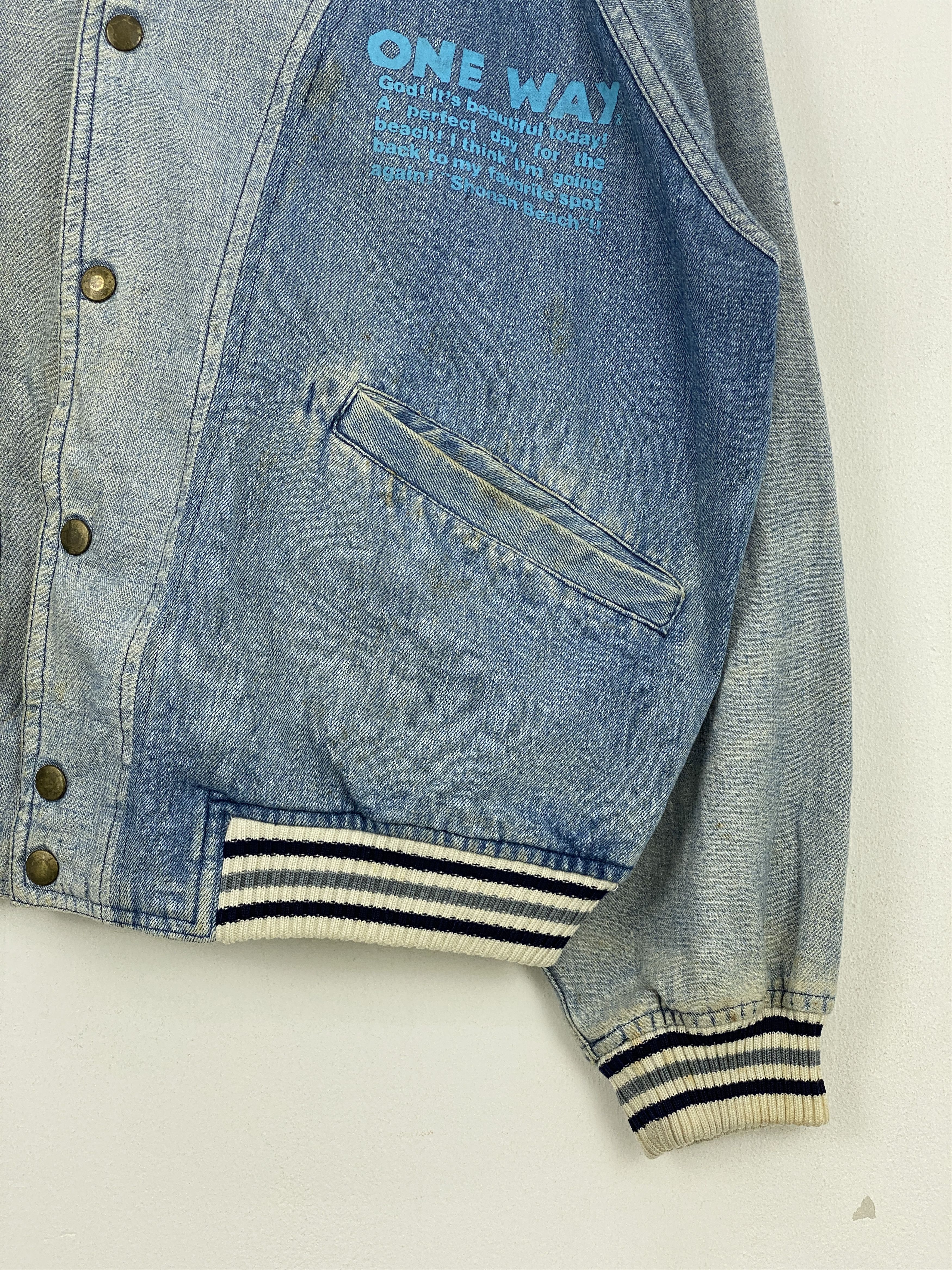 Japanese Brand Vintage One Way Varsity Bomber Denim Jacket VA0005 Size US XL / EU 56 / 4 - 11 Thumbnail
