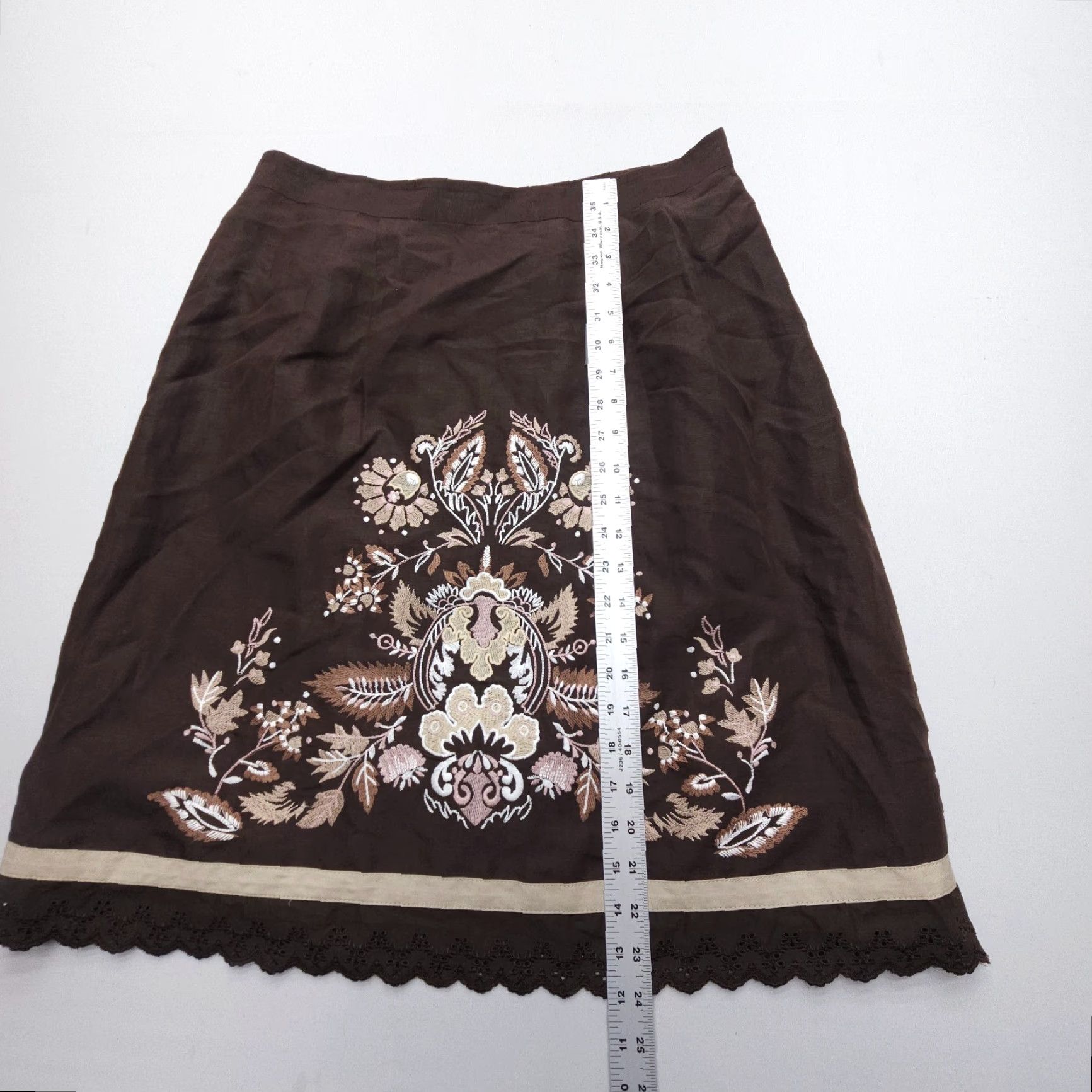 Loft LOFT Ann Taylor Floral Embroidered Linen Blend Skirt - Knee Length A-Line, Brown, Size 10, Regular, Womens, Boho Festival Size 32" / US 10 / IT 46 - 6 Thumbnail