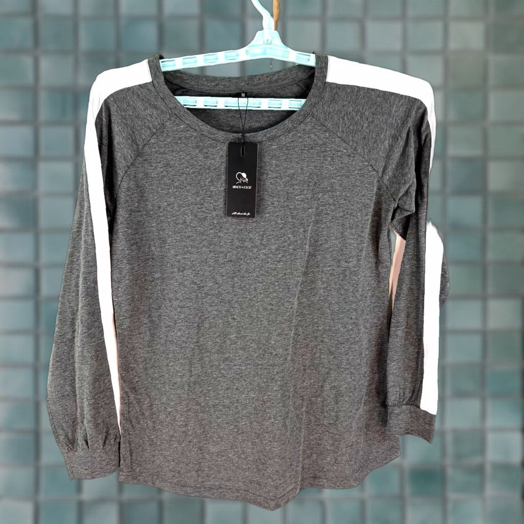 Vintage Arach & Cloz Long Sleeve Shirt M Gray Striped Knit Cotton Polyester Spandex - Women - Regular Fit, Round Neck, Pullover, T-Shirt Style Size M / US 6-8 / IT 42-44 - 1 Thumbnail