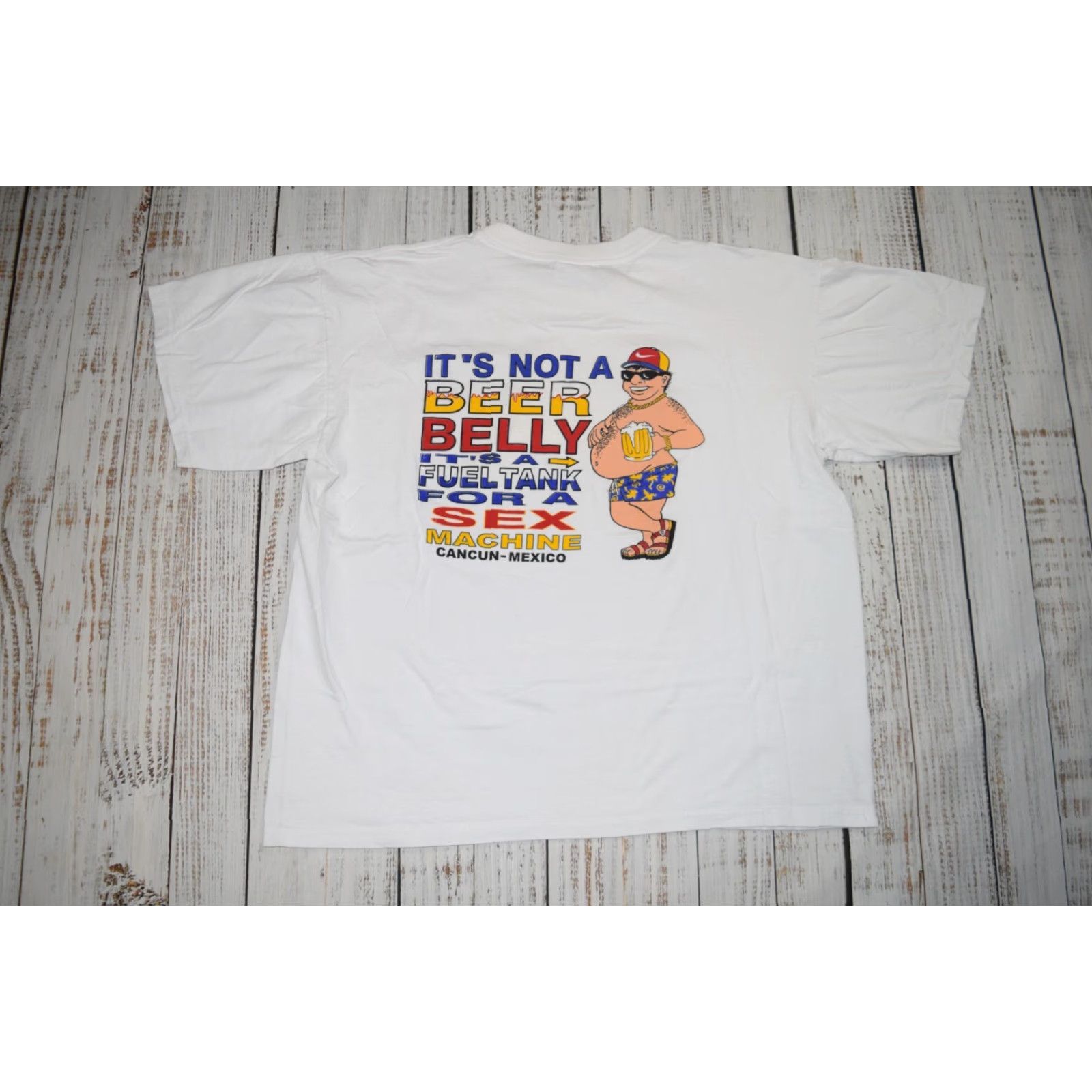 Bell VINTAGE Cancun Beer Belly Sex Machine T-Shirt Men XL White Sun and Beach Parody 90s Shirt Boxy Cropped Fit Mens Size US XL / EU 56 / 4 - 5 Thumbnail