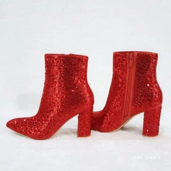 Other Crystel Red Rhinestone Block Heel Sparkling Ankle Boots (US Size US 8 / IT 38 - 4 Thumbnail