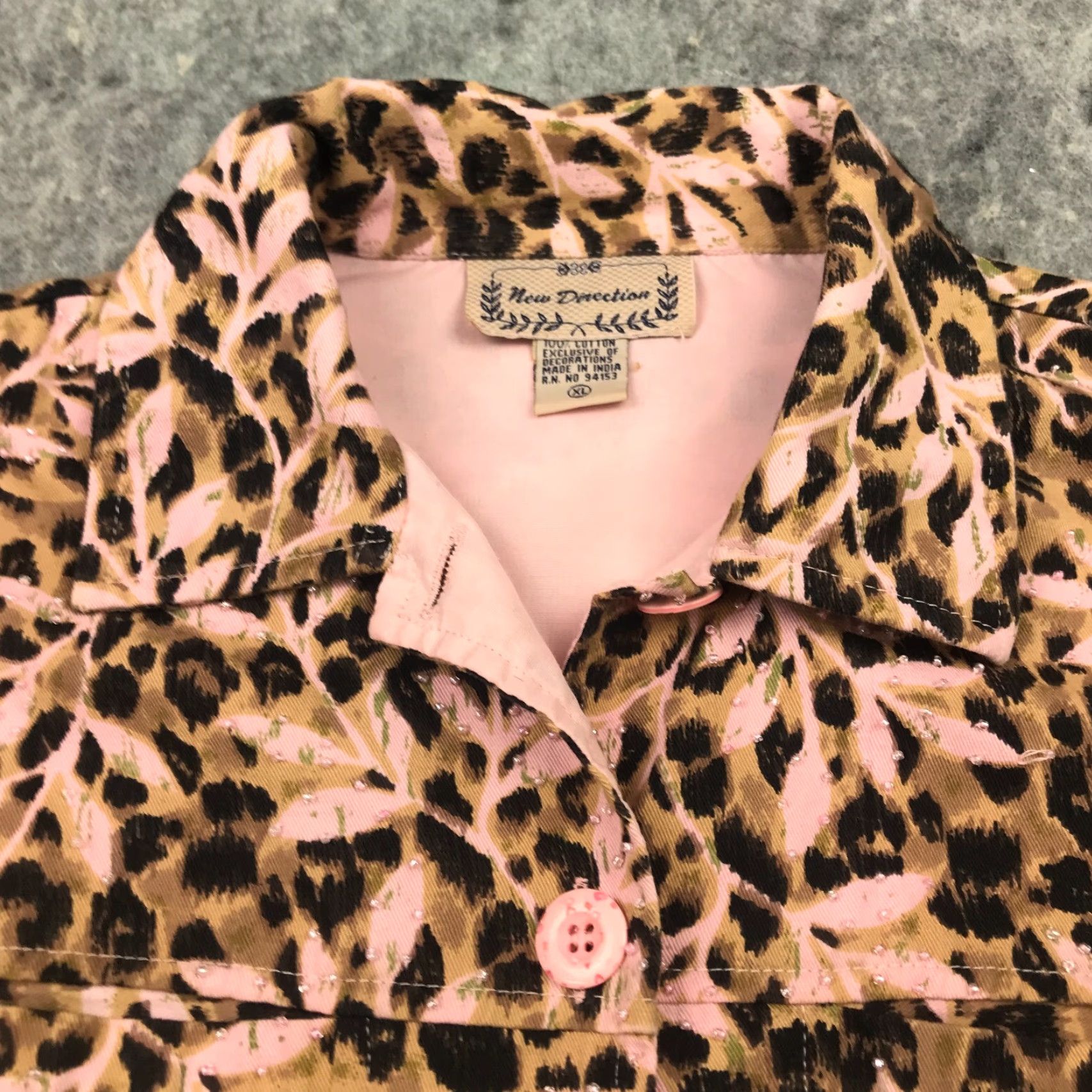 Vintage New Directions Blazer Shirt Womens XL Pink Leopard Twill Beaded Button Down Size XL / US 12-14 / IT 48-50 - 3 Thumbnail