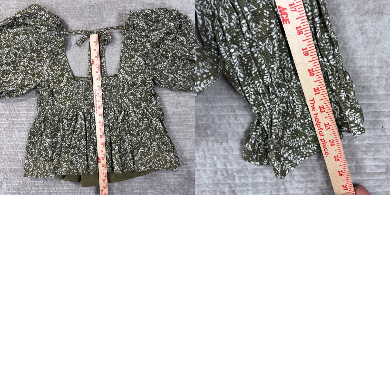 Vintage Pilcro Anthropologie Corduroy Peplum Top Olive Green Floral Puff Sleeve Large Size L / US 10 / IT 46 - 8 Thumbnail