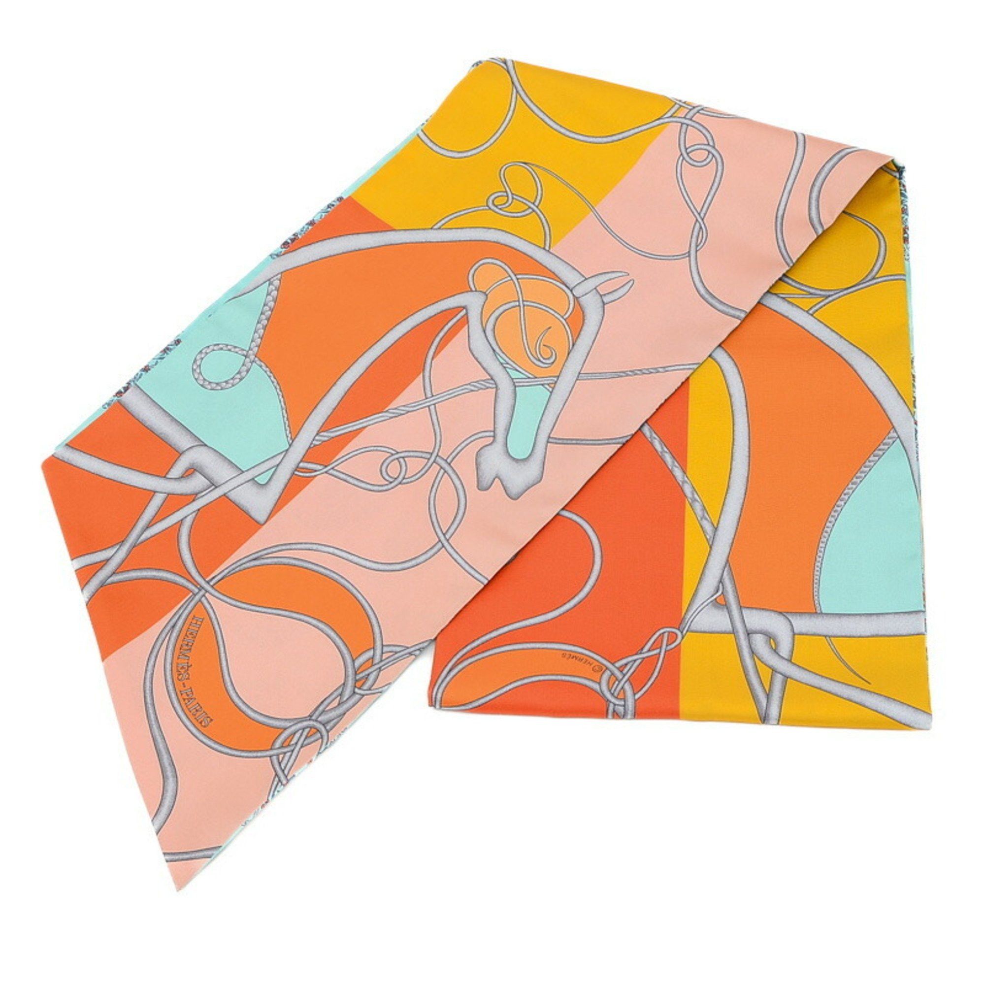 image of Hermes Maxi Twilly Scarf Cut Coup De Fouet Au Bloc Orange Turquoise Rose Silk, Women's
