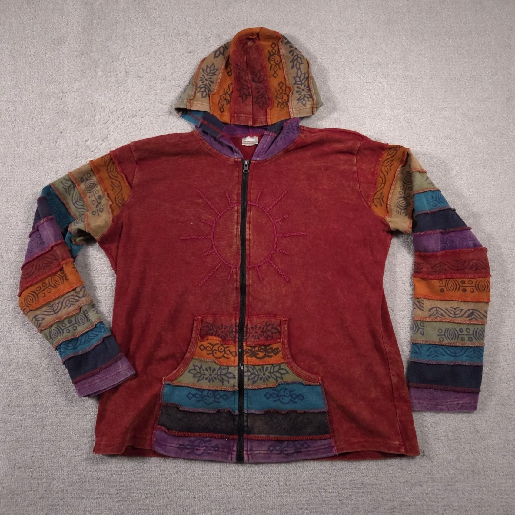 Vintage GreaterGood Network Hoodie Womens Large Red Patchwork Sun Zip Boho Hippie Multi Size L / US 10 / IT 46 - 2 Thumbnail