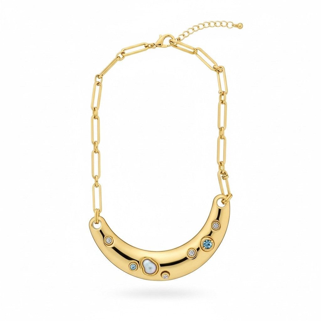 Other INC Gold Tone Crescent Necklace Blue Crystal Stone Statement Size ONE SIZE - 1 Thumbnail