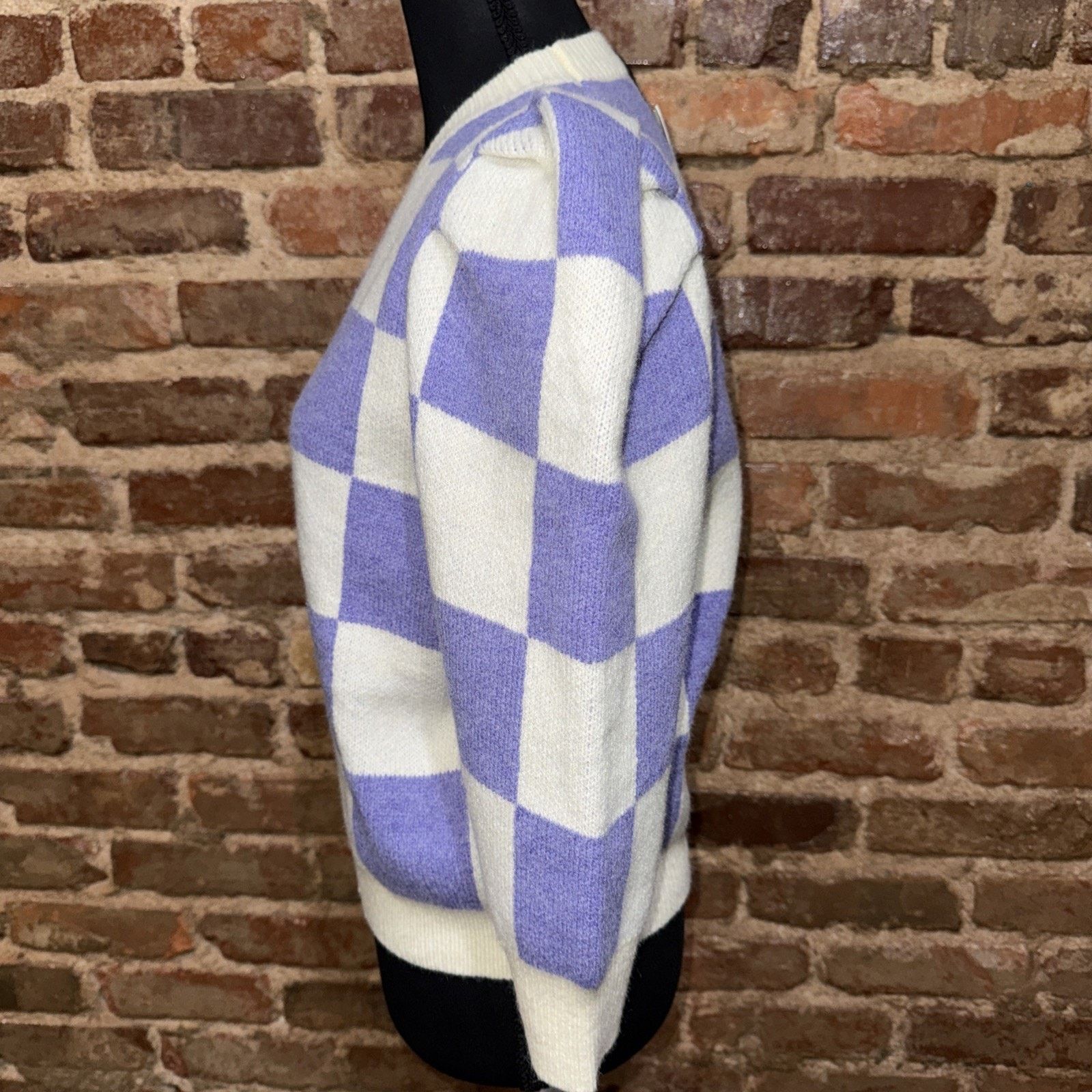 Other &Merci Women’s Purple Checkered Puff Sleeved Sweater Sz L Size L / US 10 / IT 46 - 2 Thumbnail