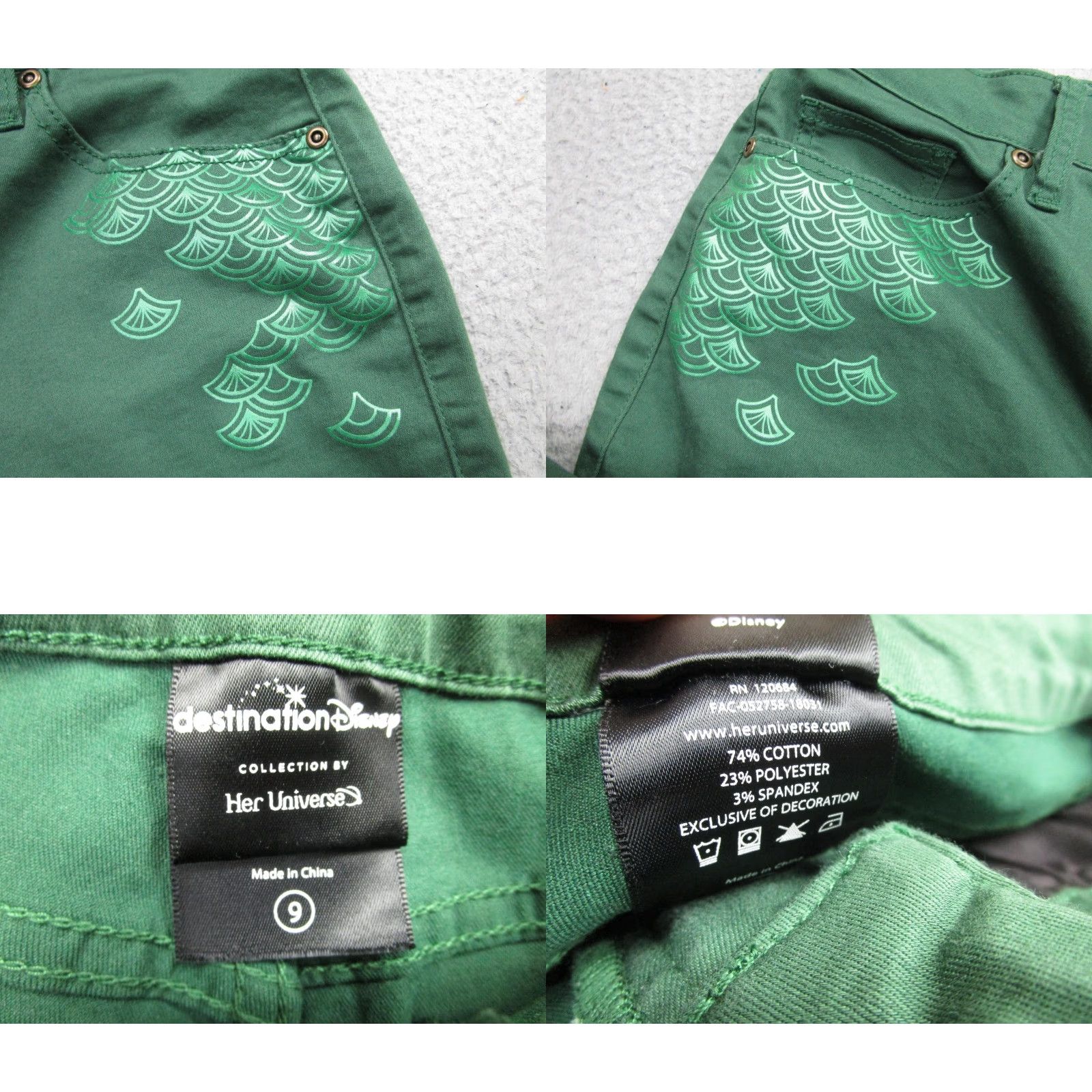 Vintage Disney Her Universe Pants Juniors 9 Green Stretch Skinny Twill Mermaid Scales Size 30" / US 8 / IT 44 - 8 Thumbnail