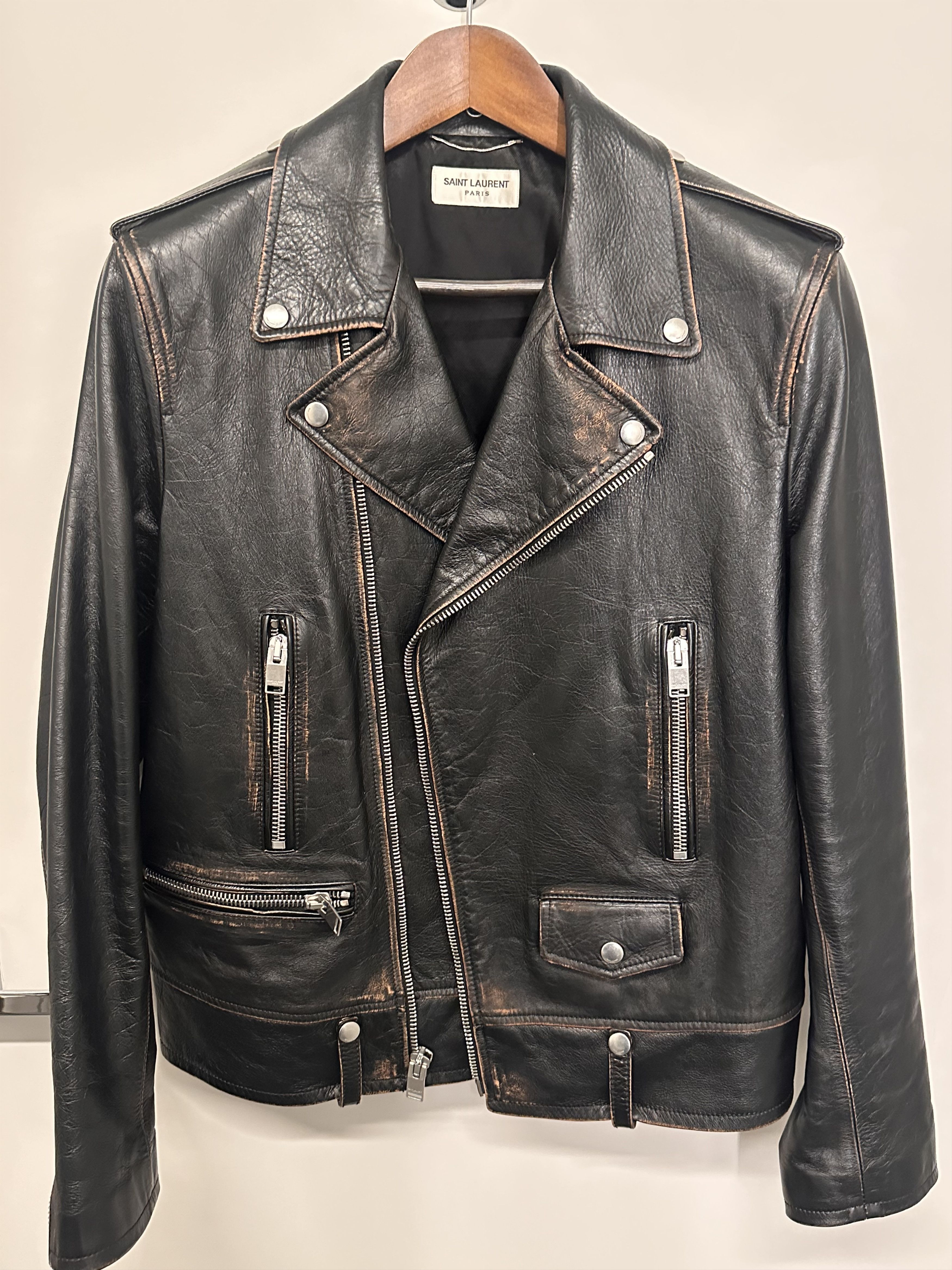Saint Laurent Distressed Moto Jacket In Black Leather