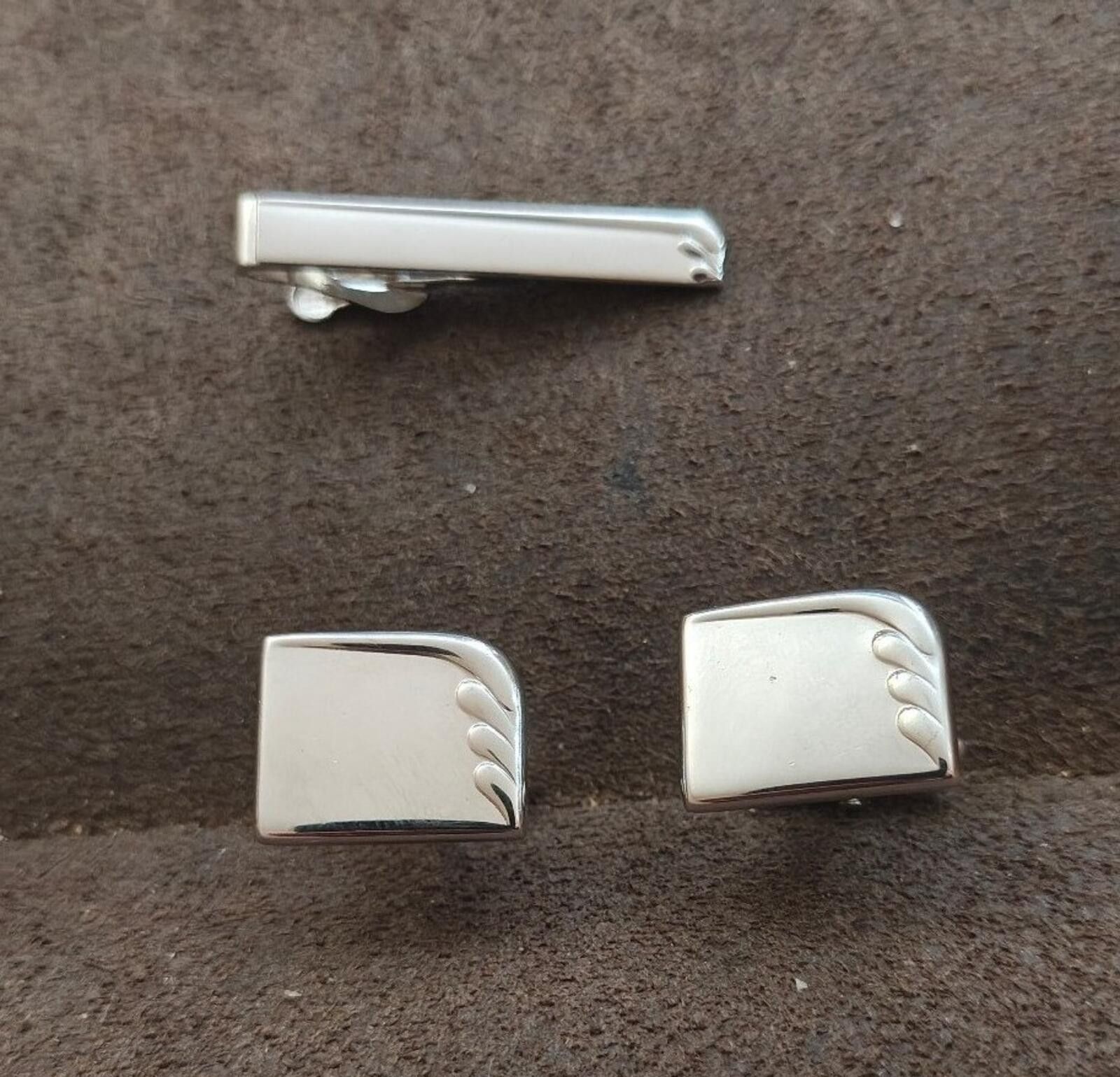 Other 1960s Silver Tone Art Deco Style Tie Bar Clip Cufflinks Set Size ONE SIZE - 4 Thumbnail