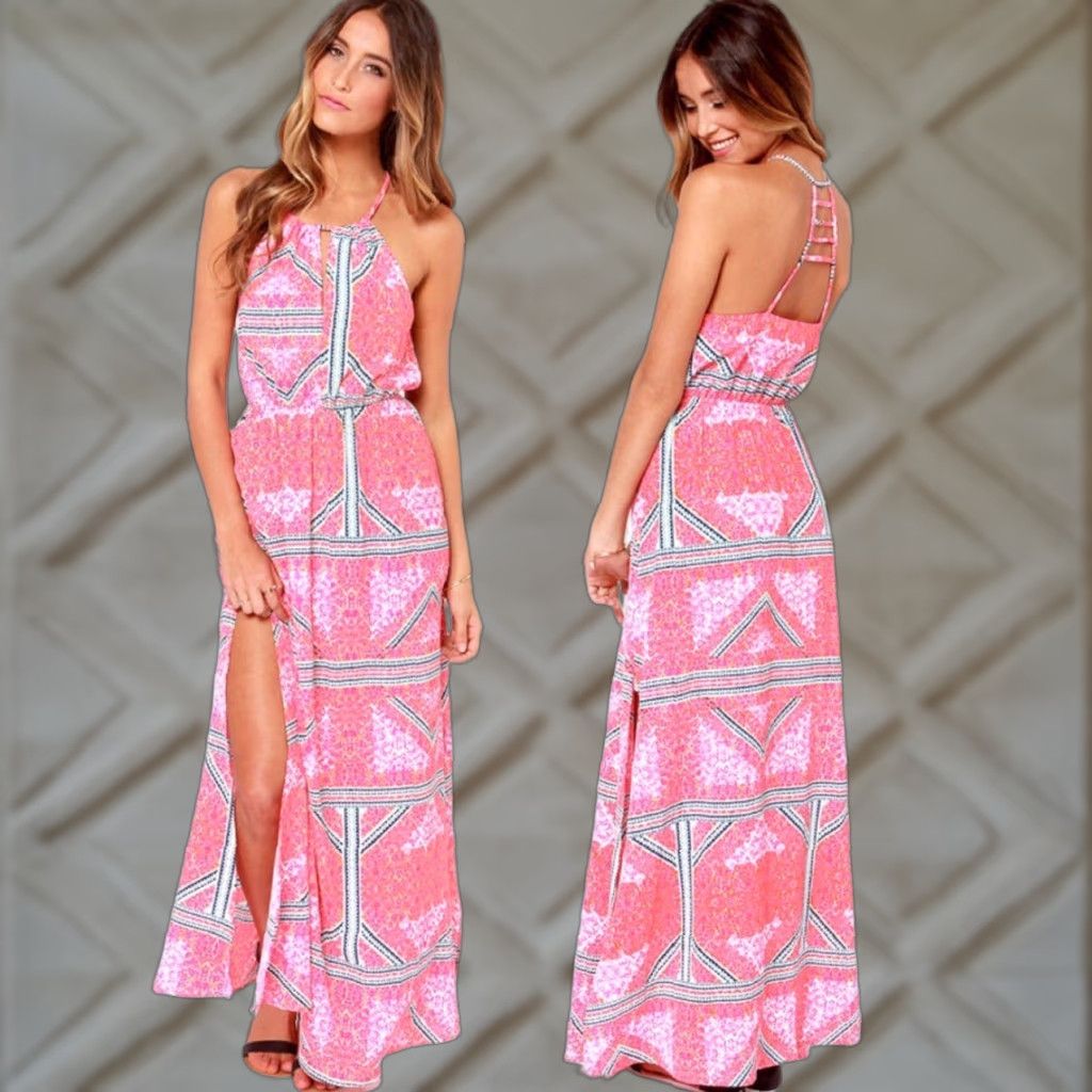 MINKPINK MINKPINK Geometric Halter Maxi Dress Women Medium Pink Orange Backless Slit NWOT Size M / US 6-8 / IT 42-44 - 1 Thumbnail