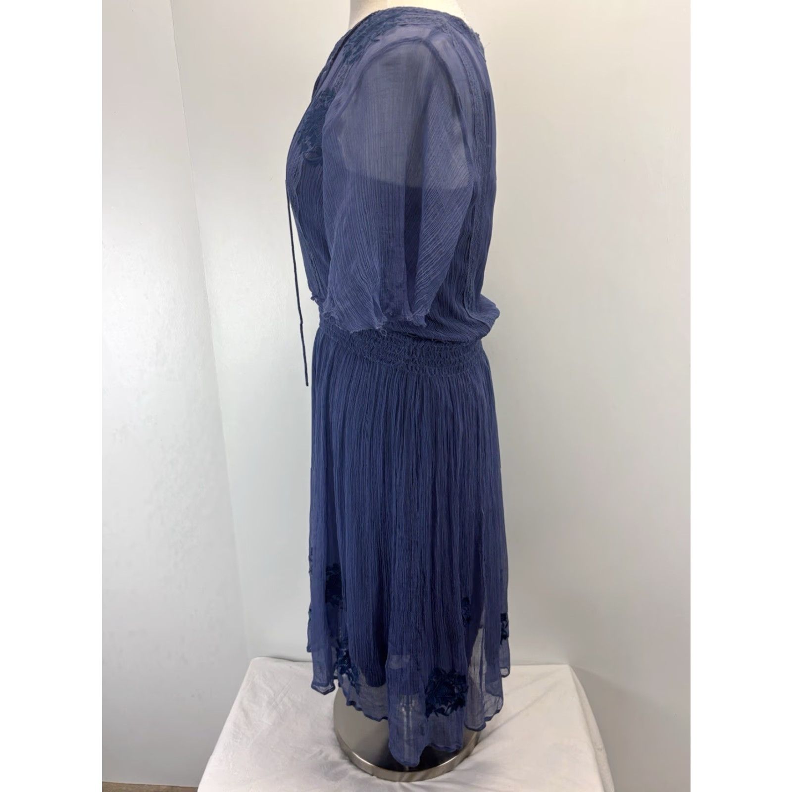 Vintage Sundance Led By Dreams Women's Blouson Floral Embroidered Drop Waist Midi Dress Petite S Blue Floral Embroidered Dress Vintage No Size L / US 10 / IT 46 - 2 Thumbnail