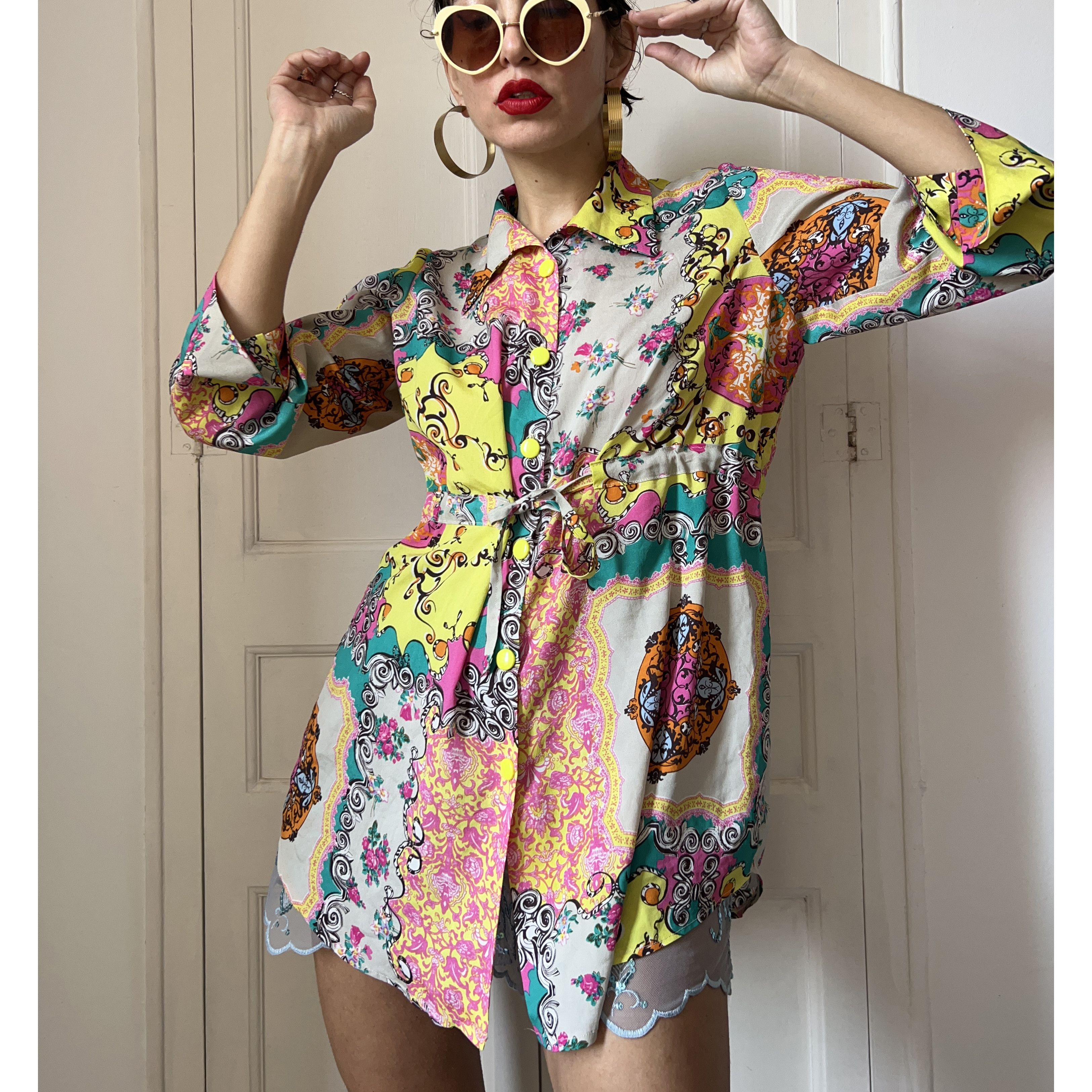 Vintage Y2K Baroque Print Shirt Dress Size L / US 10 / IT 46 - 4 Thumbnail