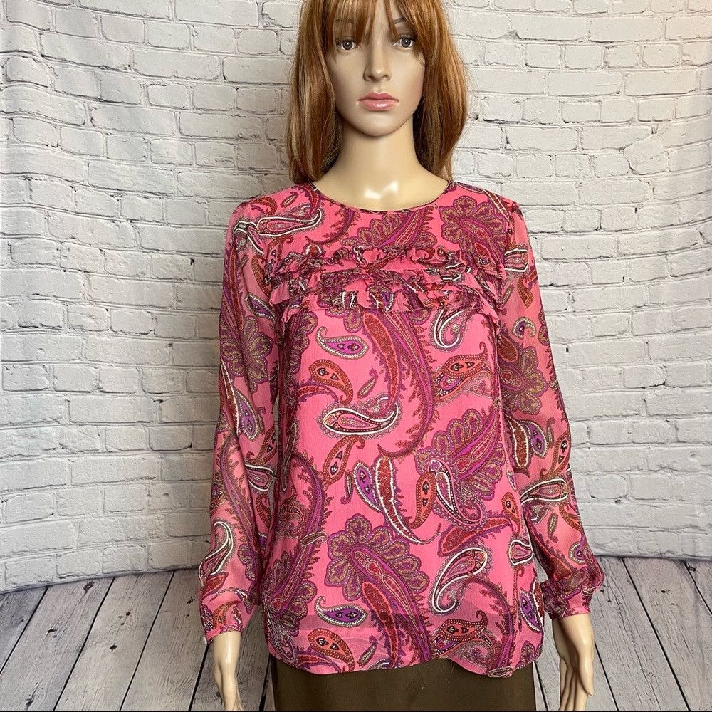 J.Crew J. Crew Ruffle Front Paisley Silk Pink Blouse Size 2 Size XS / US 0-2 / IT 36-38 - 3 Thumbnail