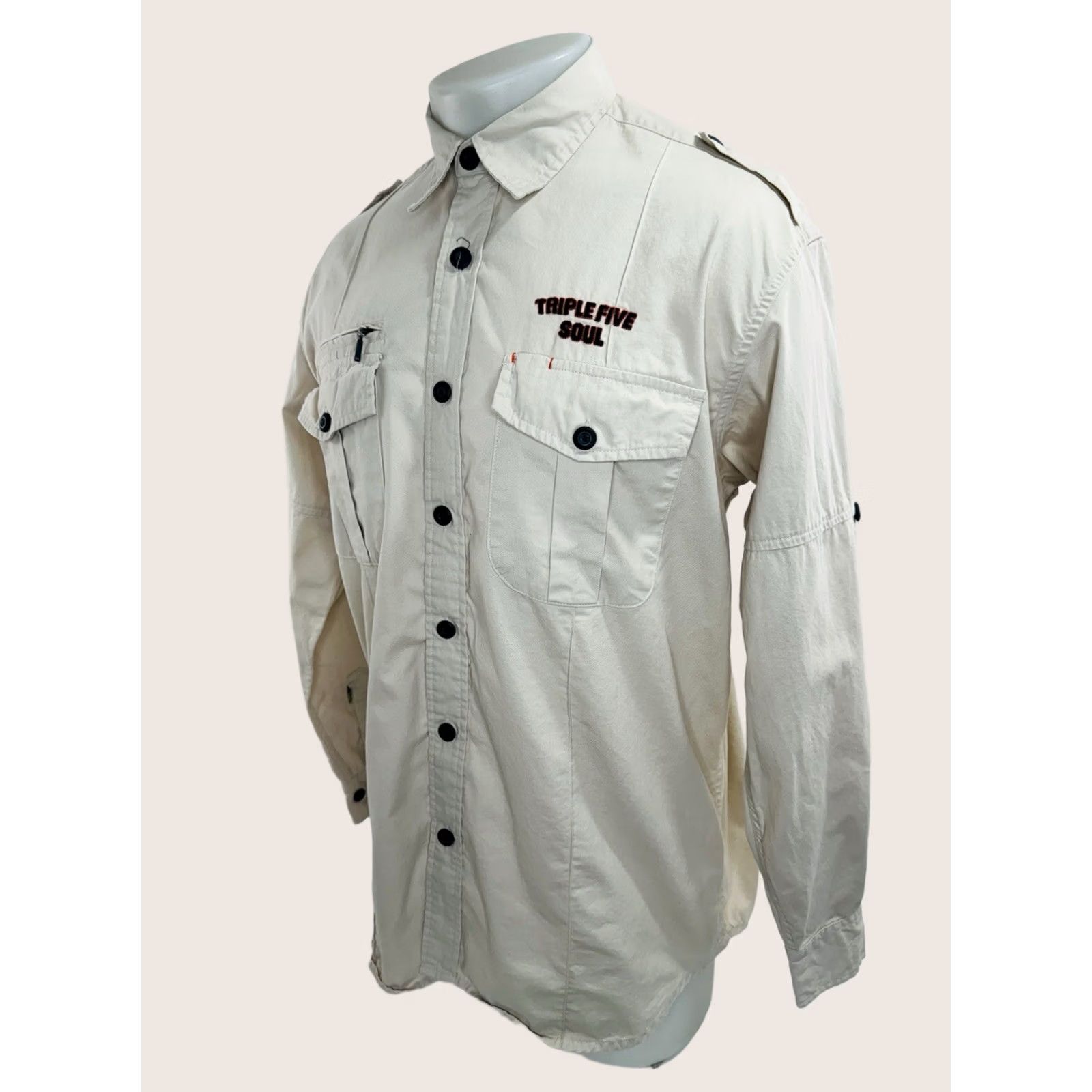 Vintage TRIPLE FIVE SOUL Embroidered Mens M Epaulets Shirt - Beigе Button-Up Long Sleeve Christmas? Size US M / EU 48-50 / 2 - 1 Thumbnail