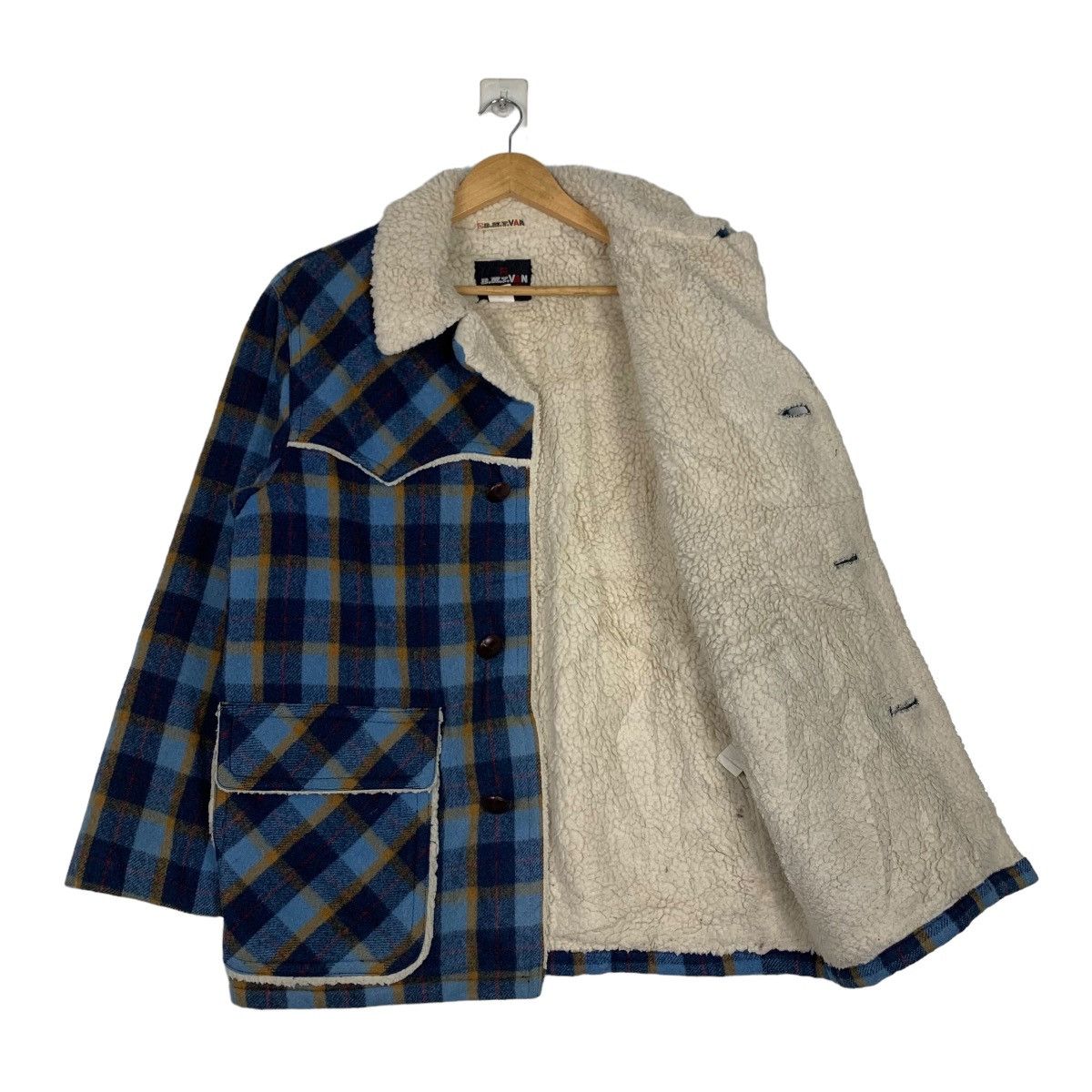 Japanese Brand VAN JAC Sherpa Lined Blue Tartan Wool Jacket #1011-C45 Size US M / EU 48-50 / 2 - 9 Thumbnail