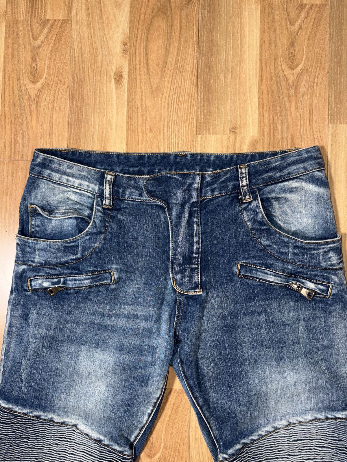 Japanese Brand Balmain style Jeans Blue Moto Biker SlimFit Distressed Denim Size US 33 - 3 Thumbnail