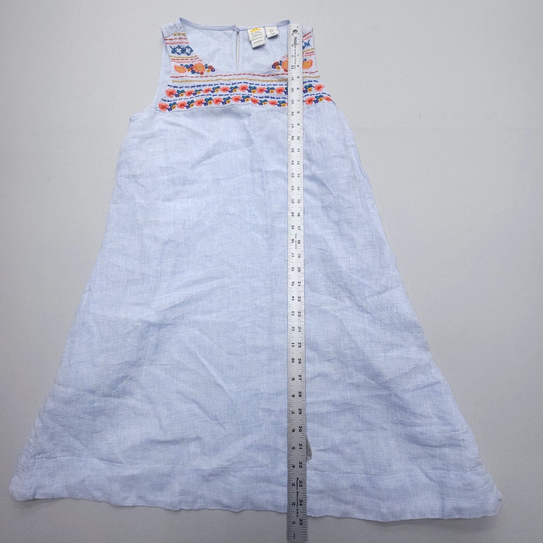 Vintage C&C California Dress Women S Blue Floral Linen Embroidered Knee Length Bohemian Beach Size S / US 4 / IT 40 - 5 Thumbnail