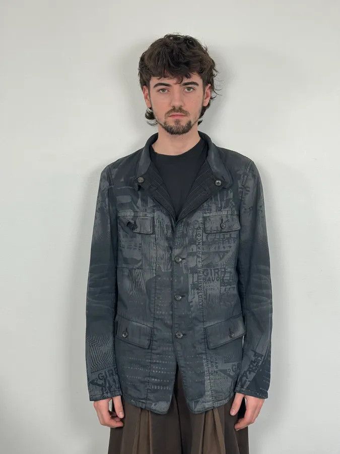 Marithe + Francois Girbaud 2000s Marithé + François Girbaud Dark Grey Printed Abstract Blazer Jacket Size 42R - 2 Thumbnail