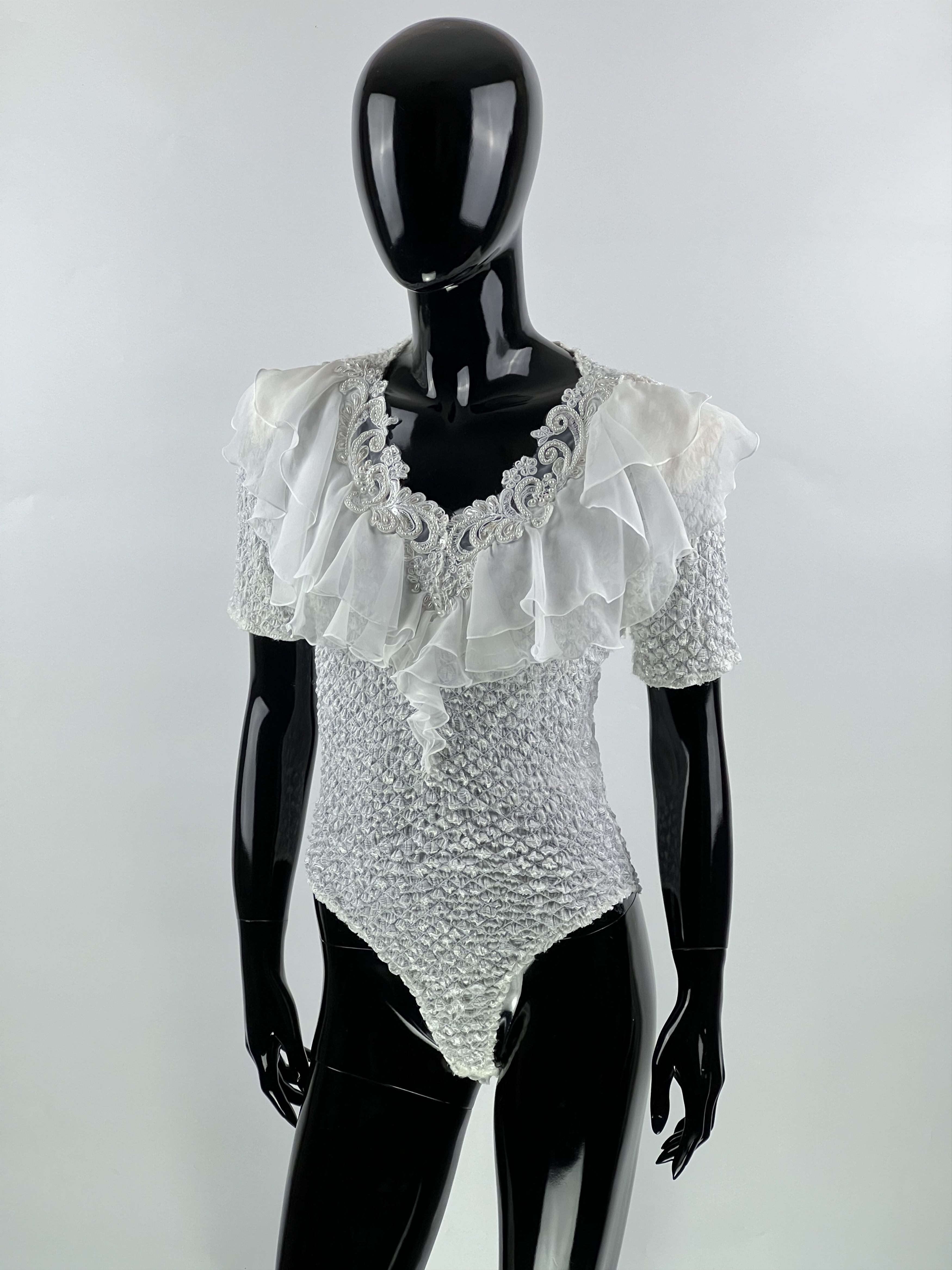 Designer × Vintage Georges Barhel Rufled Rhinestones Short Sleeve Bodysuit S/M Size M / US 6-8 / IT 42-44 - 1 Thumbnail