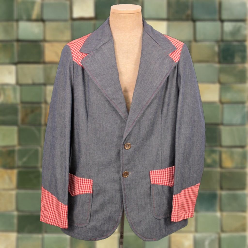 Vintage VINTAGE Campus Denim Blazer Men 70s Size 44 Blue Red Blazer Jacket 31" Long Mens Size US 44 / EU 60 - 1 Thumbnail